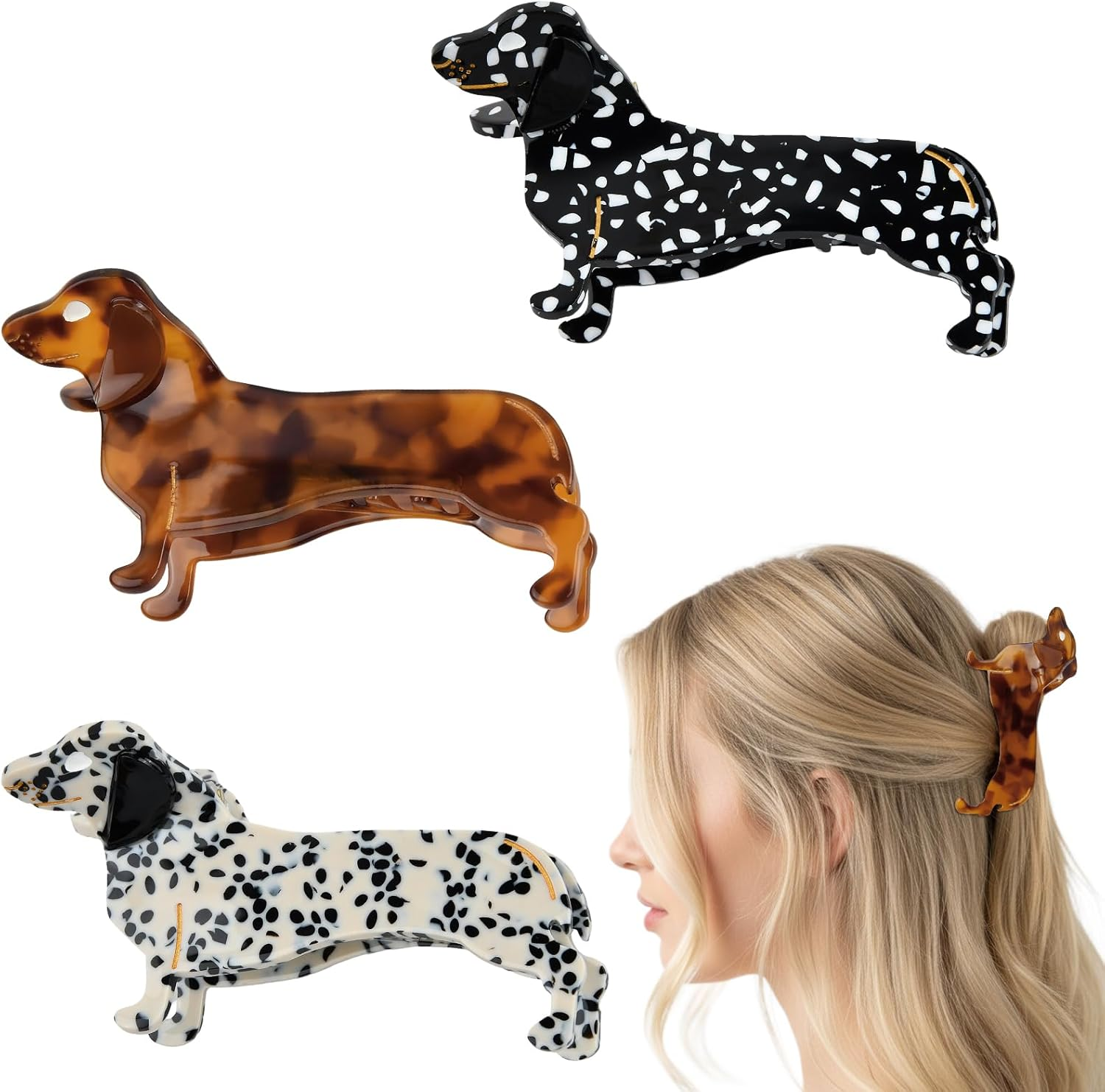 Culinavog Pack of 3 Women'S Hair Clips, Small Dachshund Hair Clips, 8 X 4 Cm Plastic Hair Claws for Thin Hair, Cute Mini Hair Clips for Women Girls Hairstyles image number 1