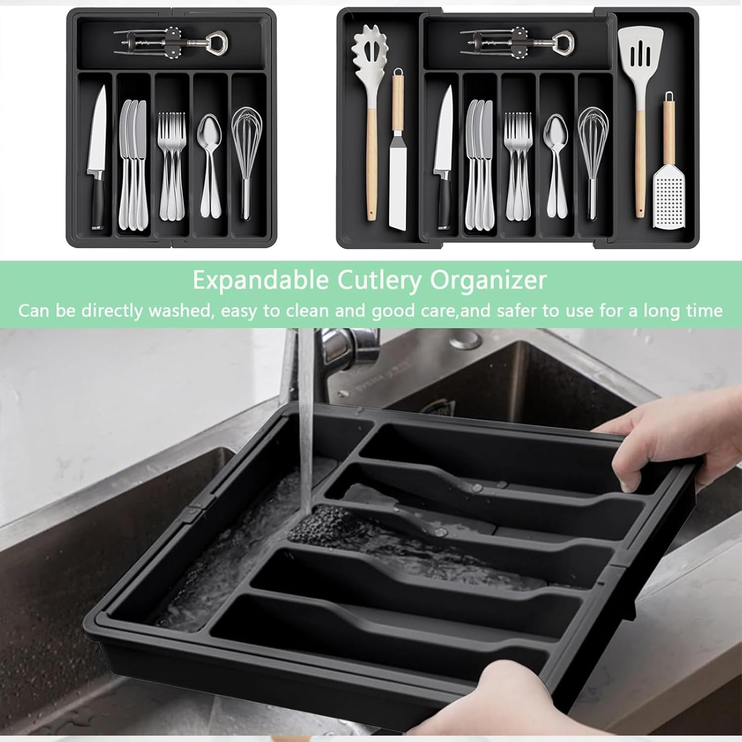 Expandable Cutlery Drawer Organizer, Flatware Utensil Tray for Kitchen, Adjustable Cutlery Storage for Forks, Knives, Multipurpose Kitchen Organizers (Black)