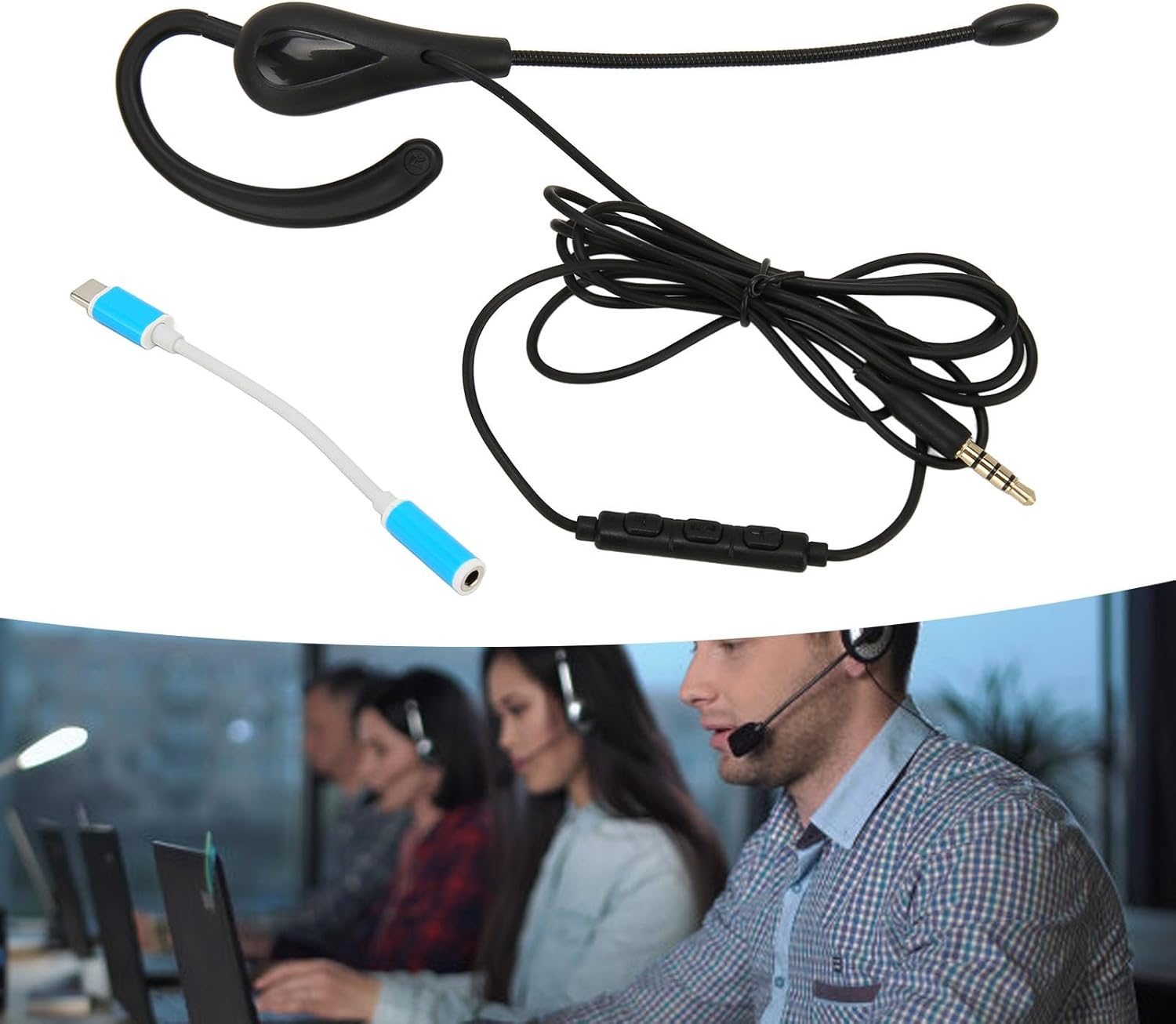 Annadue Lightweight Mono Earphone Headset Noise Cancelling Microphone Wired for Call Centre Office (Type-C) image number 1