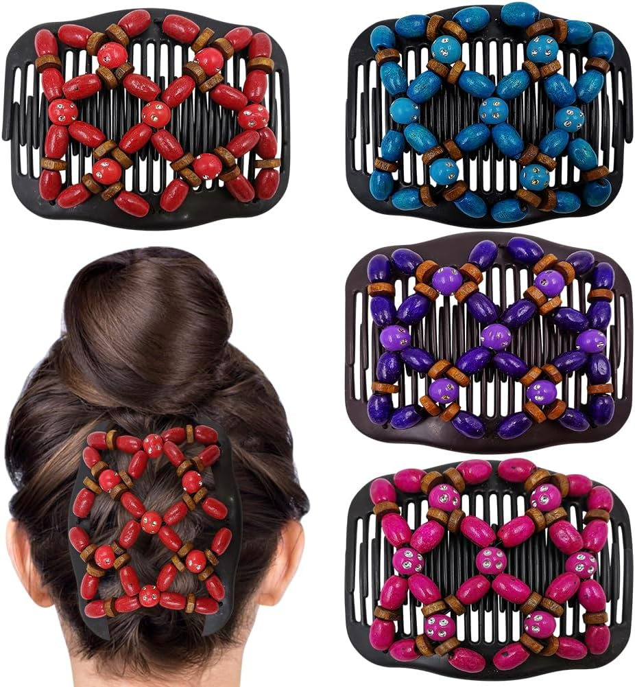 Umibow 4 Pcs Stretchy Magic Hair Combs for Women Double Comb Hair Clip Elastic Wood Beaded Hair Bun Maker Magic Hair Side Combs for Curly Thick Wavy Hair