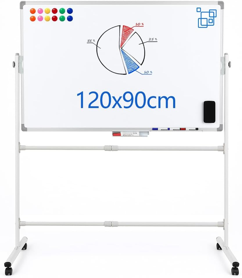 Rolling Whiteboard, 120X90Cm, Whiteboard with Stand Height Adjustable Rolling Whiteboard Mobile Magnetic White Board on Wheels Stand up White Board image number 4