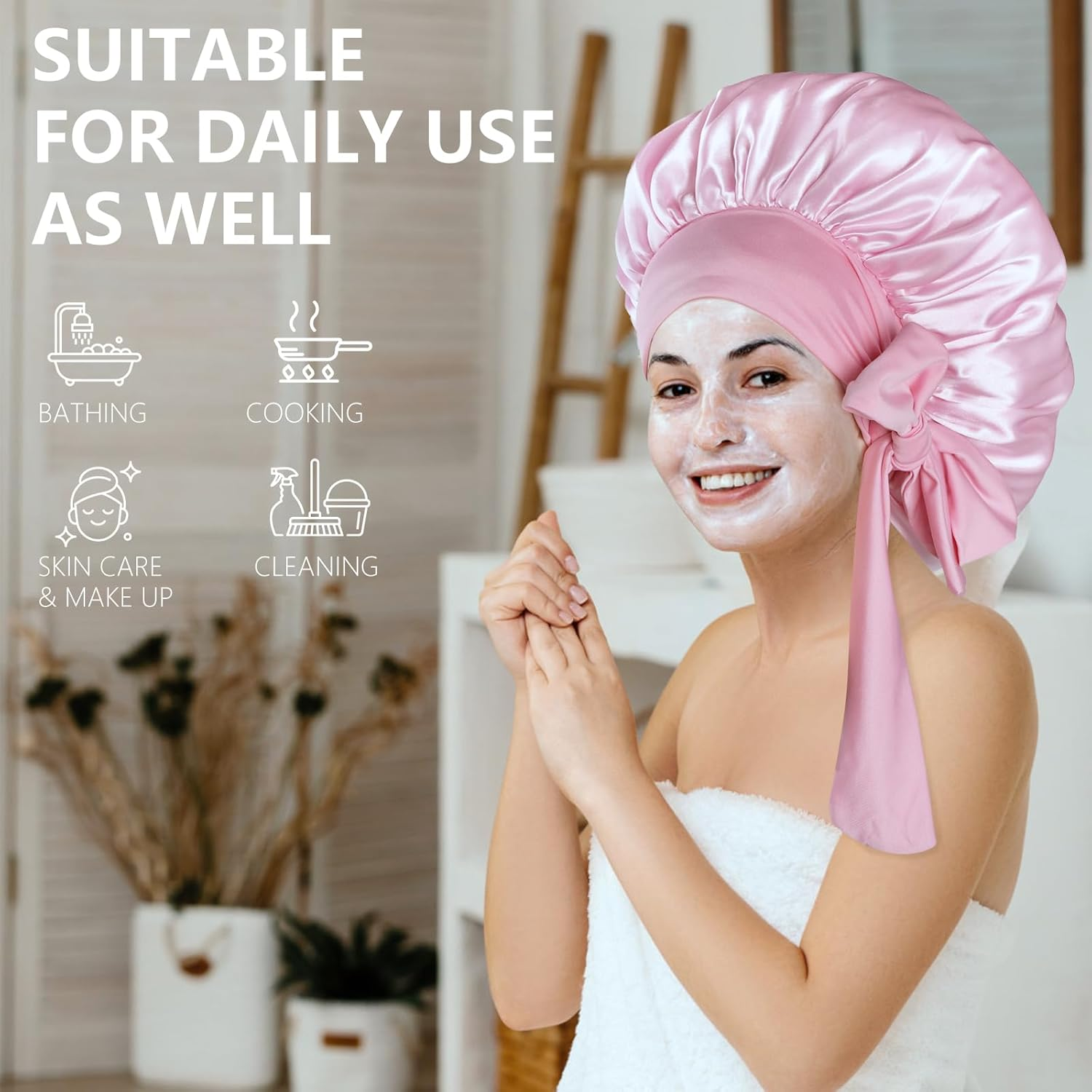 Bigqin Satin Bonnet Silk Bonnet for Sleeping, 2 Pack Hair Bonnet Night Sleep Cap with Tie Band Head Wrap Bonnets for Women and Girls Curly Natural Hair, Black & Pink image number 2