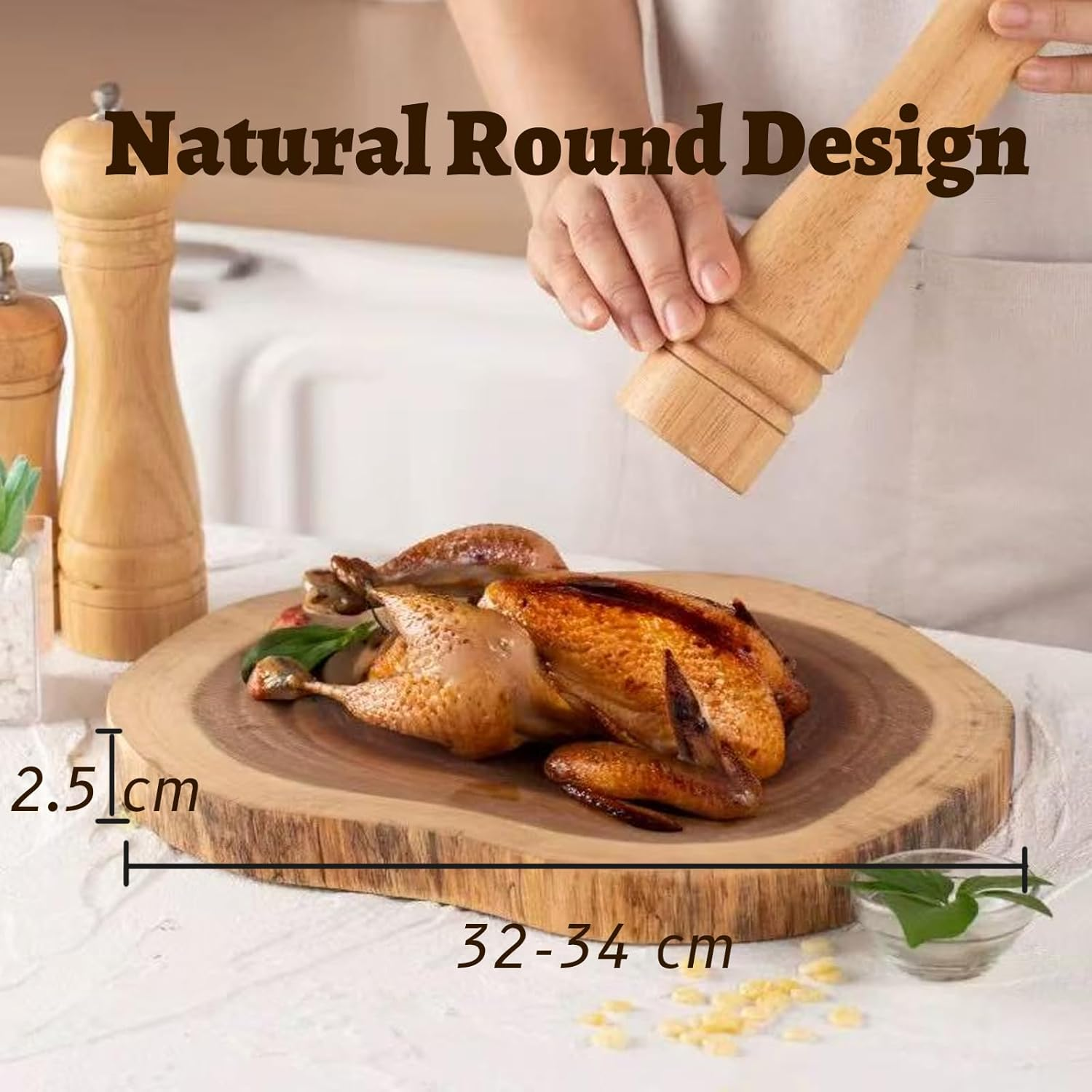 Round Chopping Board Acacia Wood Natural Wooden Charcuterie Board,Wooden Cutting Board, Reversible Serve Board with Unique Wood Grain Pattern for Kitchen,Meat,Cheese