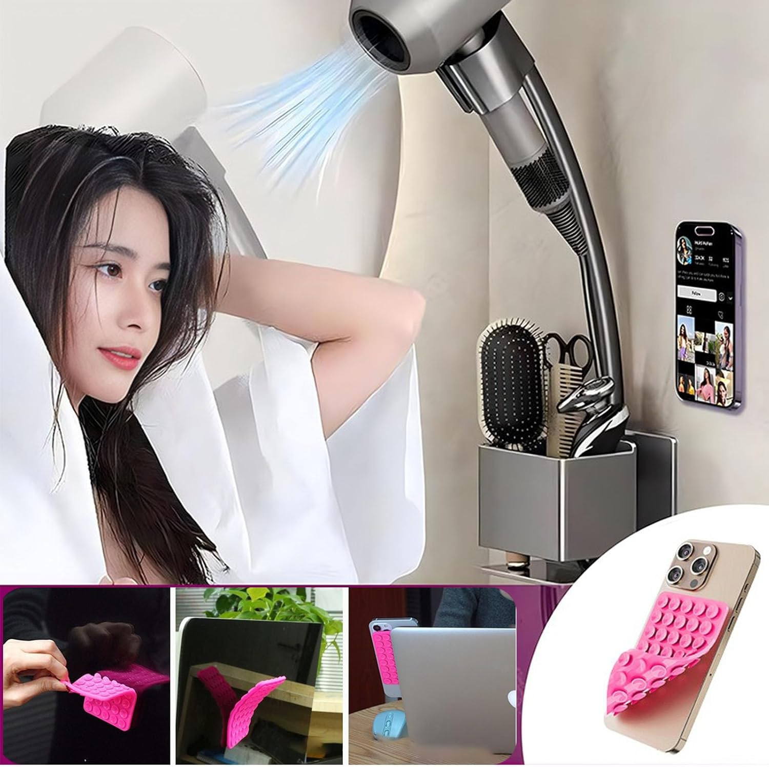 3Pcs Double-Sided 80 Independent Suction Cups Suction Phone Case,Silicone Non Slip Repeat Used Suction Cup Phone Mount.Hands-Free Phone Accessories Holder for Selfies and Videos (Black,Blue,Yellow) image number 1