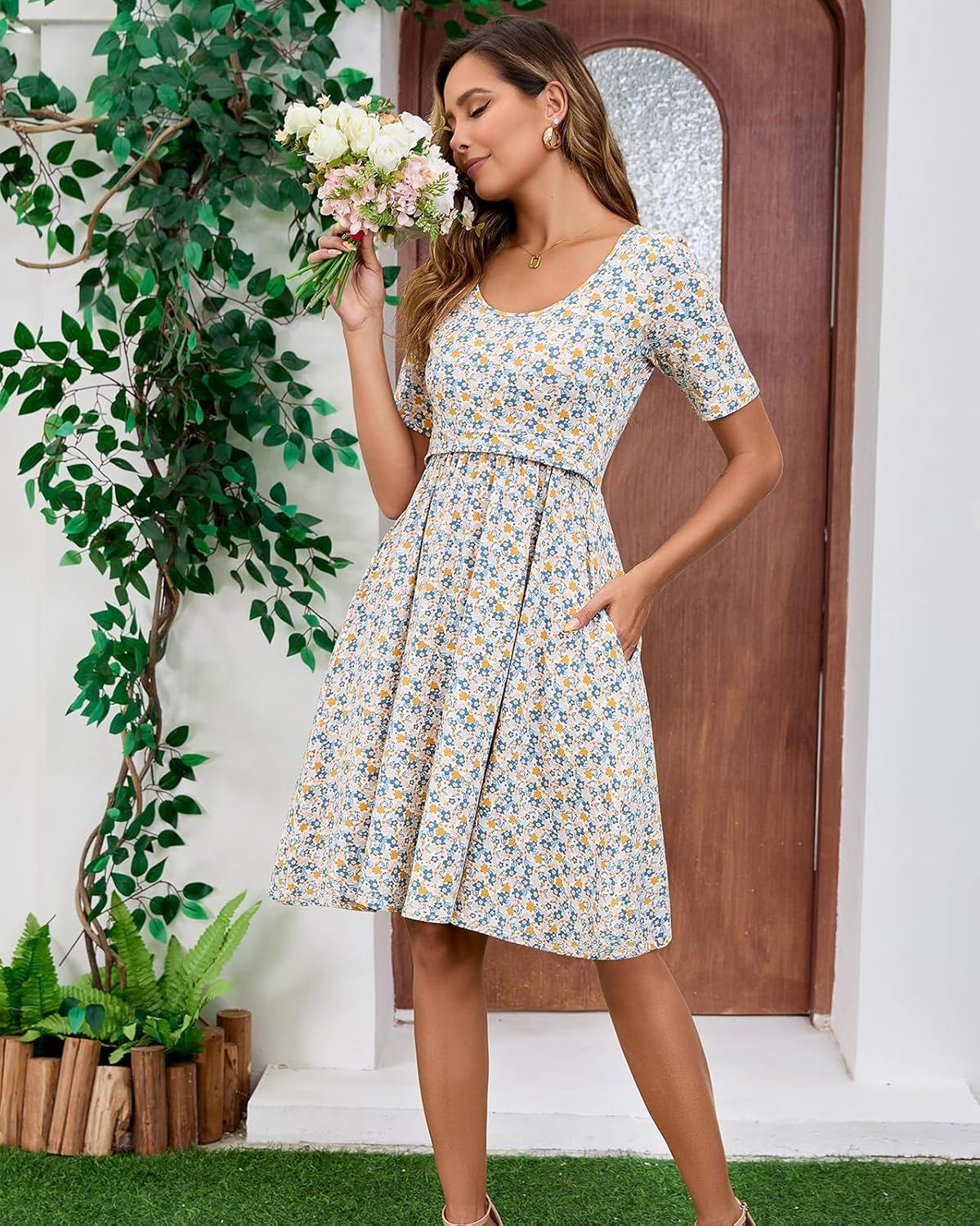 Women'S Nursing Dresses Breastfeeding Summer Classic Cotton Mini Breastfeeding Dress with Pockets