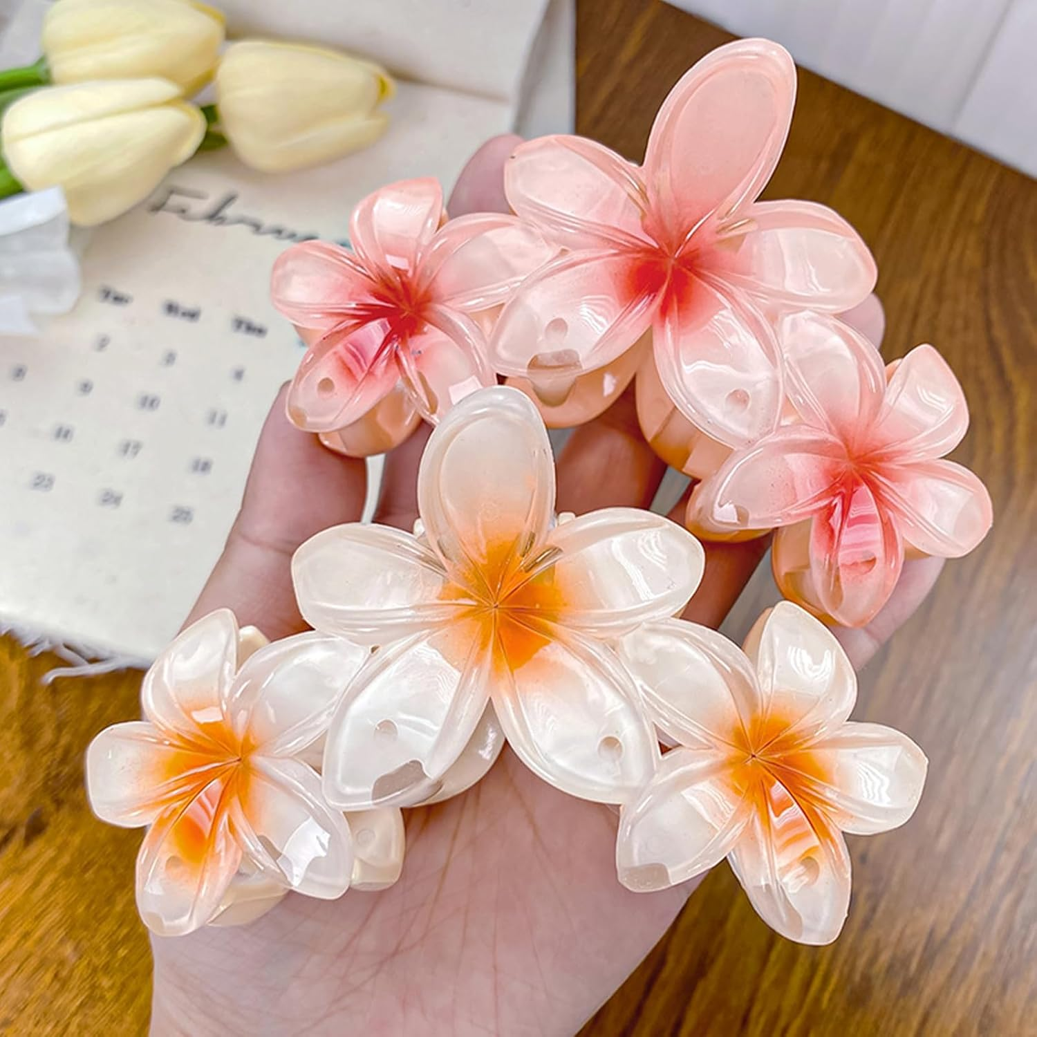 NATOSU 4 Pieces Flower Hair Claws Clips Strong Hold Large Claw Clips for Thick Hair Non-Slip Hair Clips for Women Hawaiian Flower Claw Clips image number 3