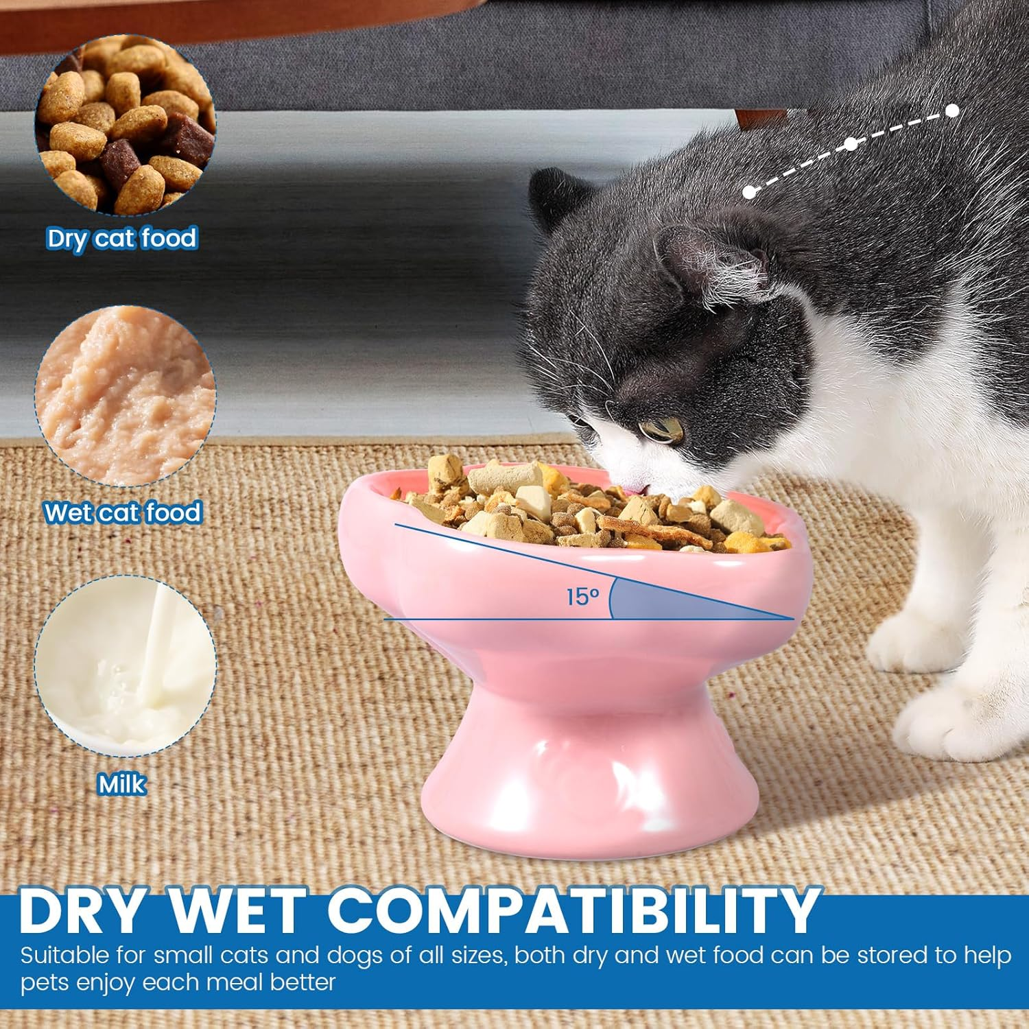 Ceramic Raised Cat Bowl-230 Ml 15&deg; Tilted Elevated Dog Feeder Bowl Pet Food Water Feeder Dish Dishwasher Safe for Pet Dog Cat(Pink,1) - Green image number 6