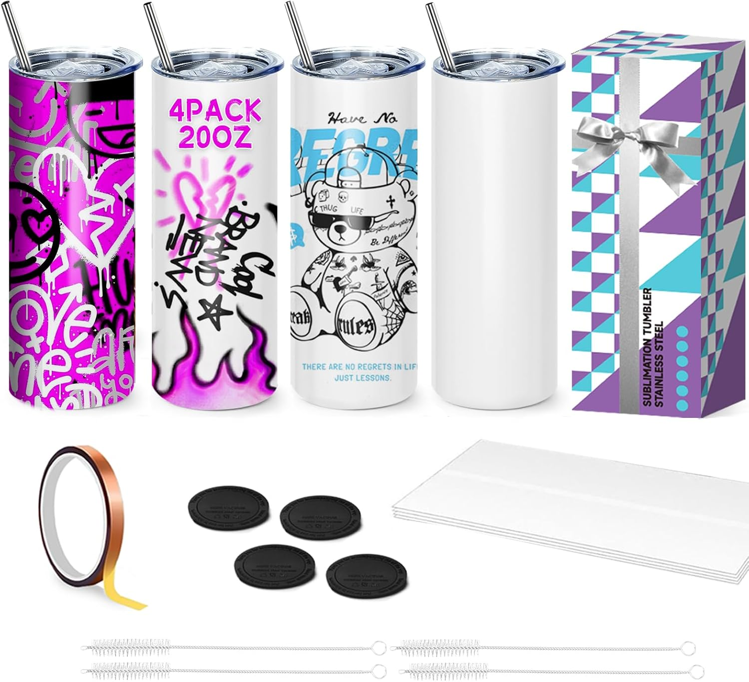 Sublimation Blank Tumbler, 4 Pack, 20Oz Sports Wide Mouth Stainless Steel Water Bottle, Vacuum Flask with Portable Handle and Straw for Press Machine Sublimation Print (Tumbler 24Pcs)