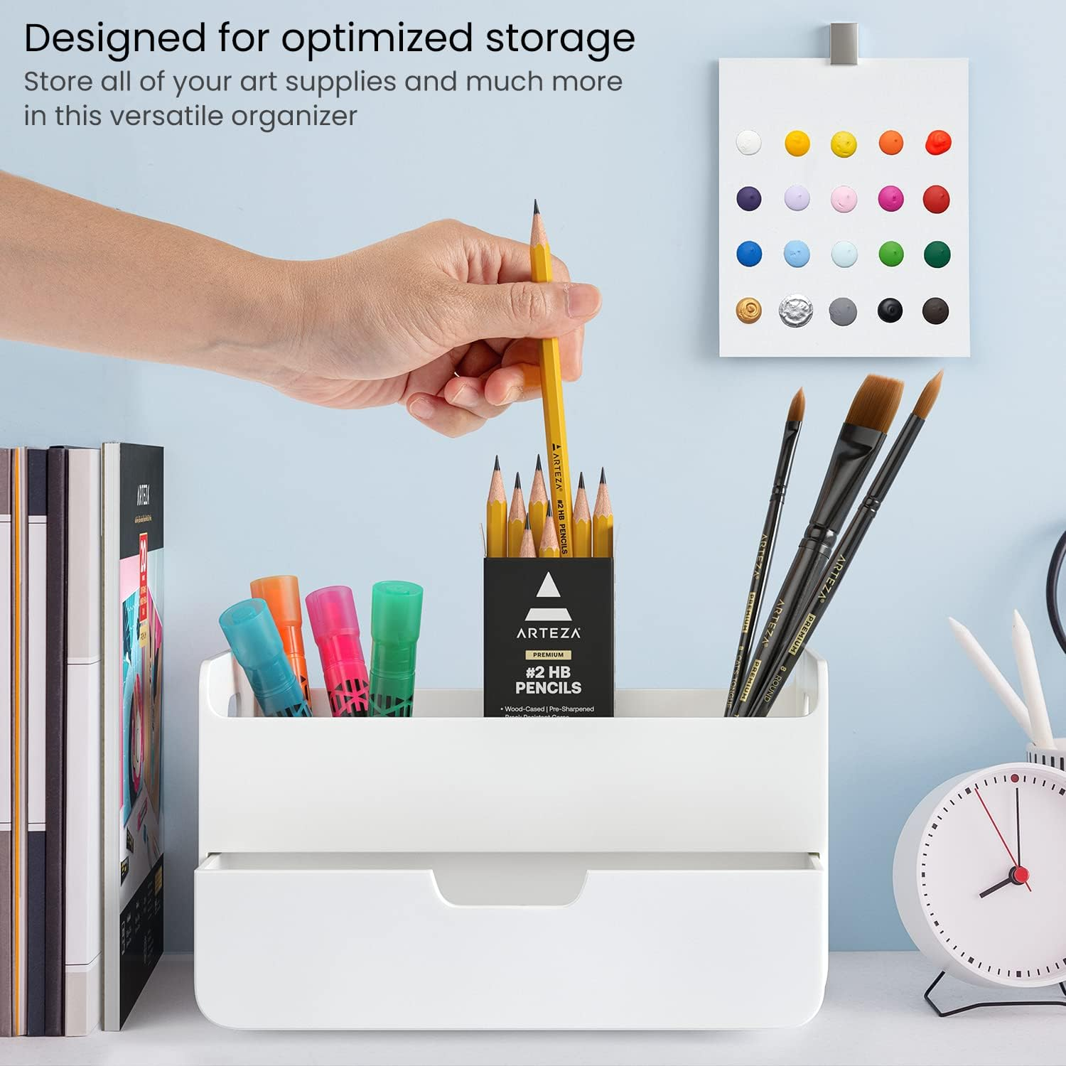 ARTEZA Small Desk Organizer with Drawer &ndash; Portable Dresser & Desk Caddy with Desktop Pen Holder &ndash; Office Desk Accessories &ndash; Lightweight Classroom & Office Organization and Storage, Modern White image number 2