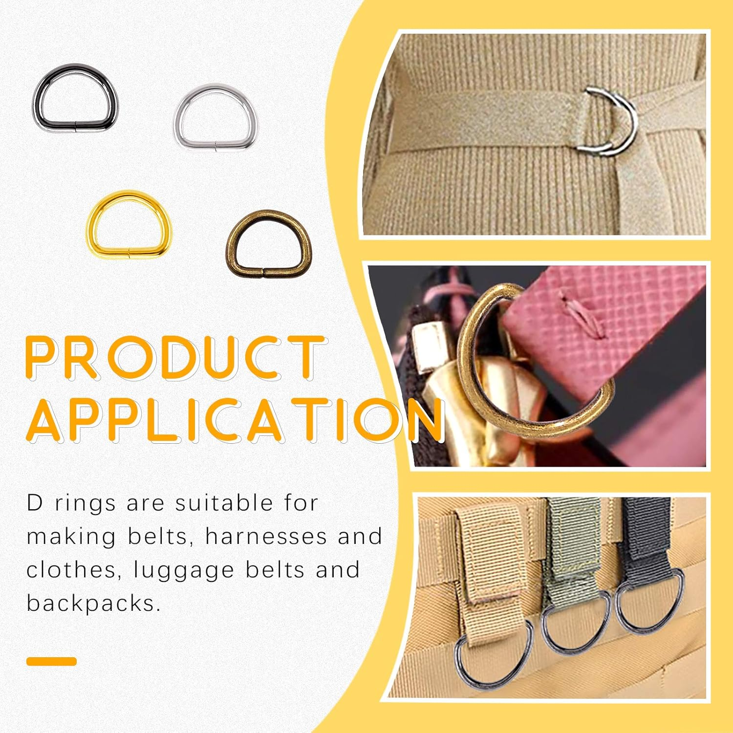 Rustark Assorted Strong Metal Webbing Set 4 Colors Multi-Purpose Keychains D Ring Handbag Strap Loop Clasp D Buckles image number 5