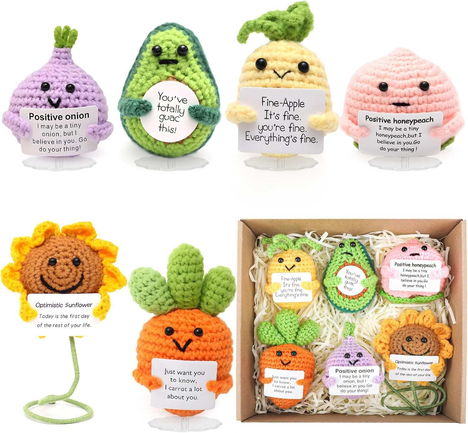 6 Pcs Crochet Emotional Support Positive Pickle for Women, Small Plush Novelty Funny Emotional Support Avocado Pickle Toys with Positive Note for Desk Home Decor Birthday Valentines Gift image number 3