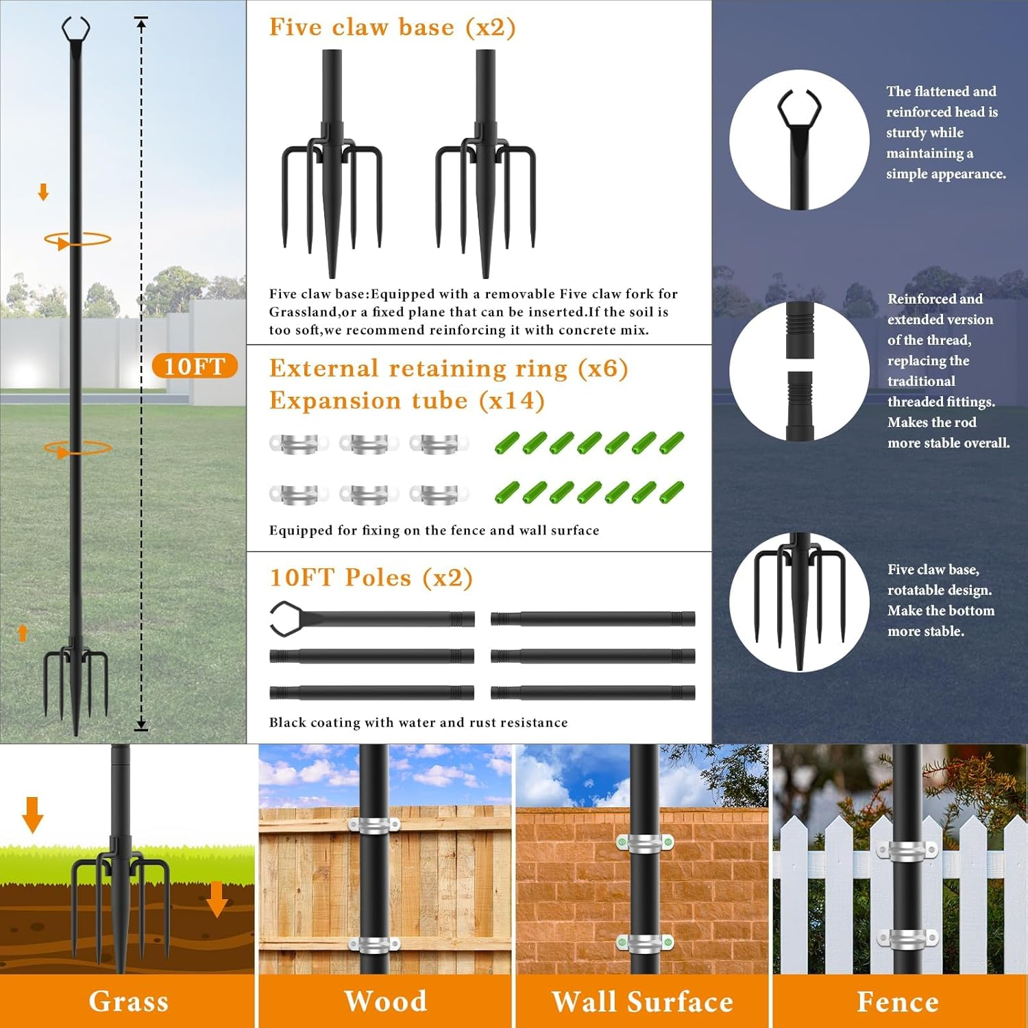 2 Pack String Light Poles,10 Ft Light Poles for outside String Lights,Outdoor Light Poles with Fork,Metal Poles Stand for Patio Deck Backyard image number 4