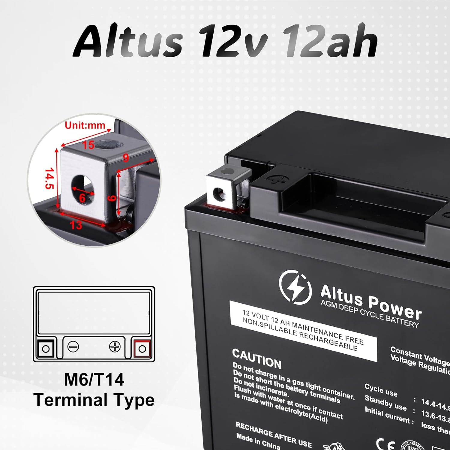 Altus 12V 12Ah AGM Motorcycle Battery Deep Cycle SLA Lead Acid Battery image number 2