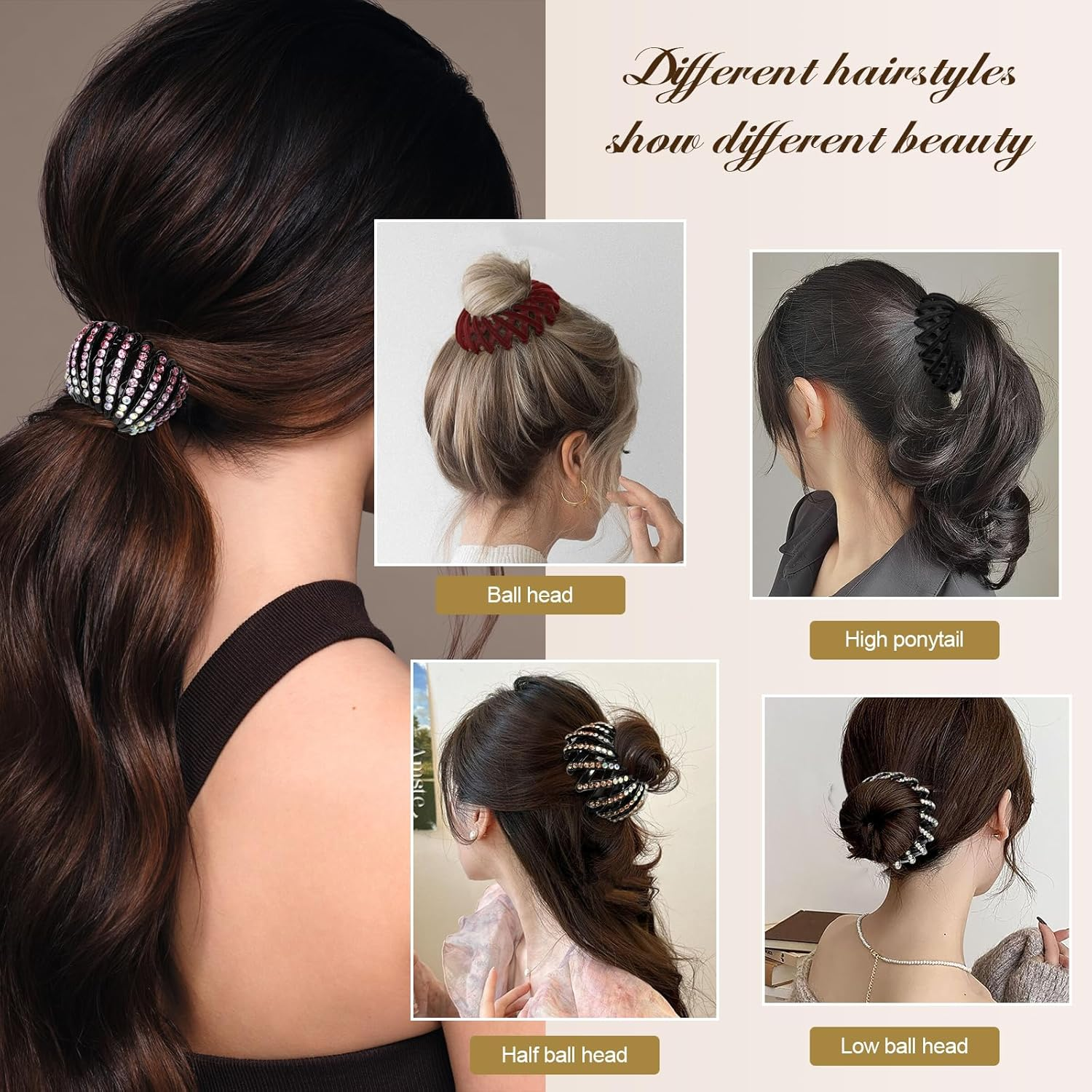 DIQIUREN 6 PCS Expandable Birds Nest Hair Clip Accessories for Women and Girls, 3 PCS Rhinestone Bird Nest Magic Hair Clip for Ponytail Holder and 3 PCS Fixed Velvet Birds Nest Hair Clips for Women image number 2