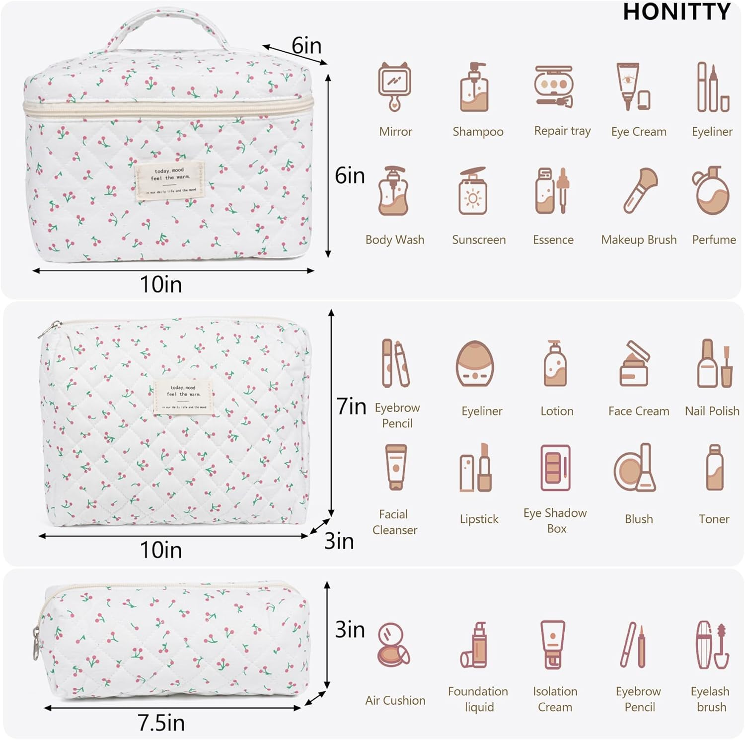 Makeup Bag, Quilted Makeup Bag,Large Floral Cosmetic Bag for Women,Cotton Makeup Bag Set,Flower Travel Toiletry Bag., Cherry, 3PCS - 1Pcs-Blue image number 7