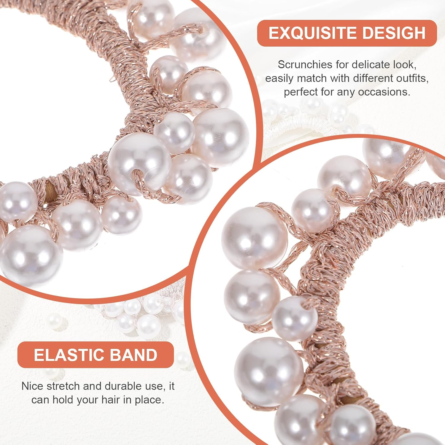 Pearl Hair Ties for Women, Elastic Beaded Hair Scrunchies Bling Ponytail Holders, Fake Pearl Hair Accessories Stylish Hair Rope for Girls Thick Thin Hair Braids (White, Blue, Rose Gold) image number 4