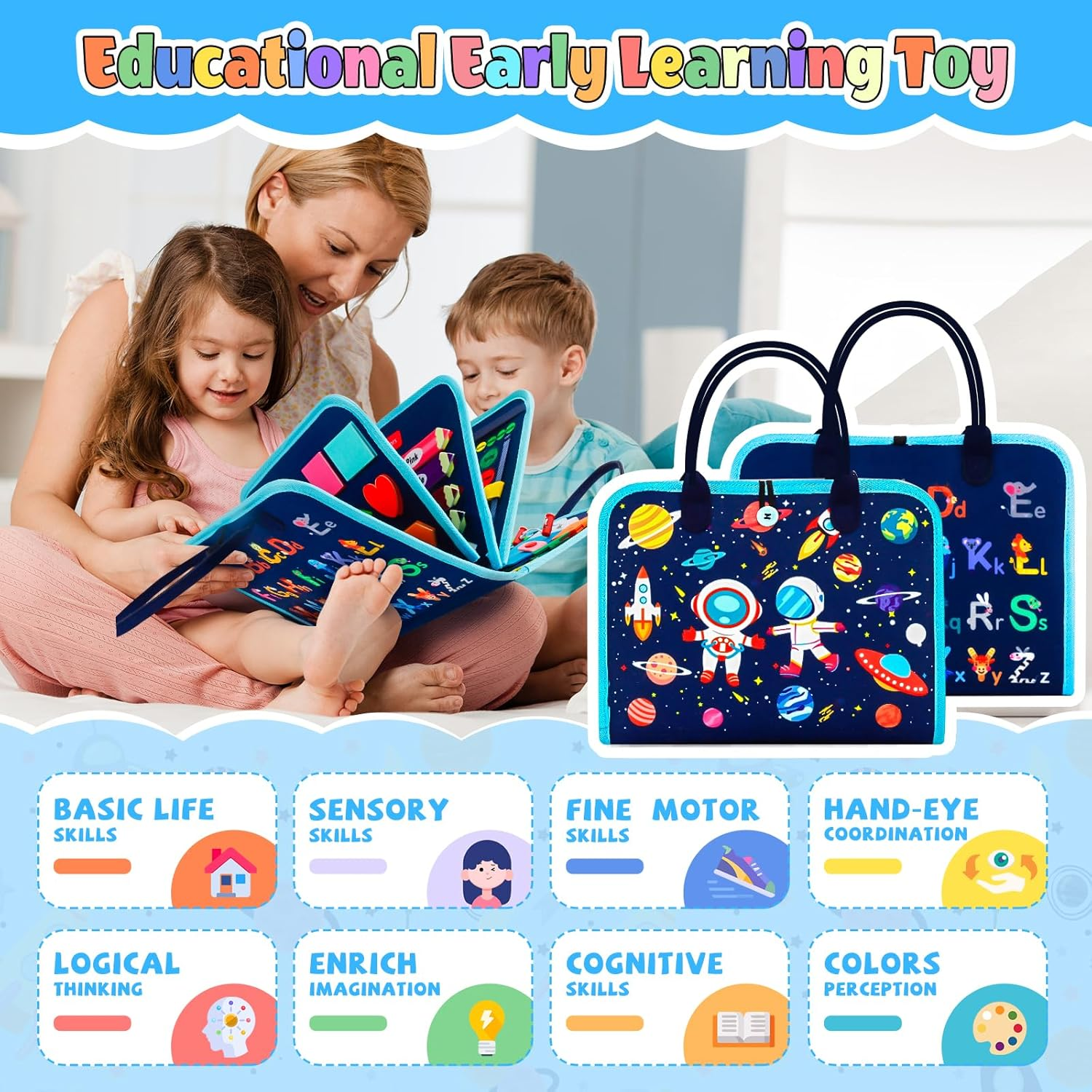 Busy Book Quiet Book Educational Activities Busy Board for Preschool Montessori Toys for Toddlers Felt Sensory Toys Toddler Travel for Plane Kids Travel Activity Pack Christmas Toy for Boys (Blue)