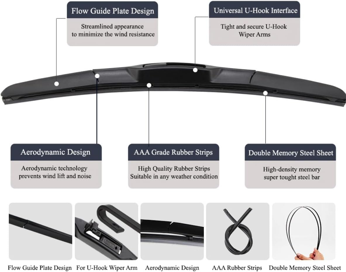 Hybrid Wiper Blades for Hyundai I30 PD 2017-2023 Pair of 26" + 16" Inches Sizes Replacement Front Windscreen Fits U Hook Driver Passenger Side Rubber Wipers J Hook Kit (Set of 2) image number 4