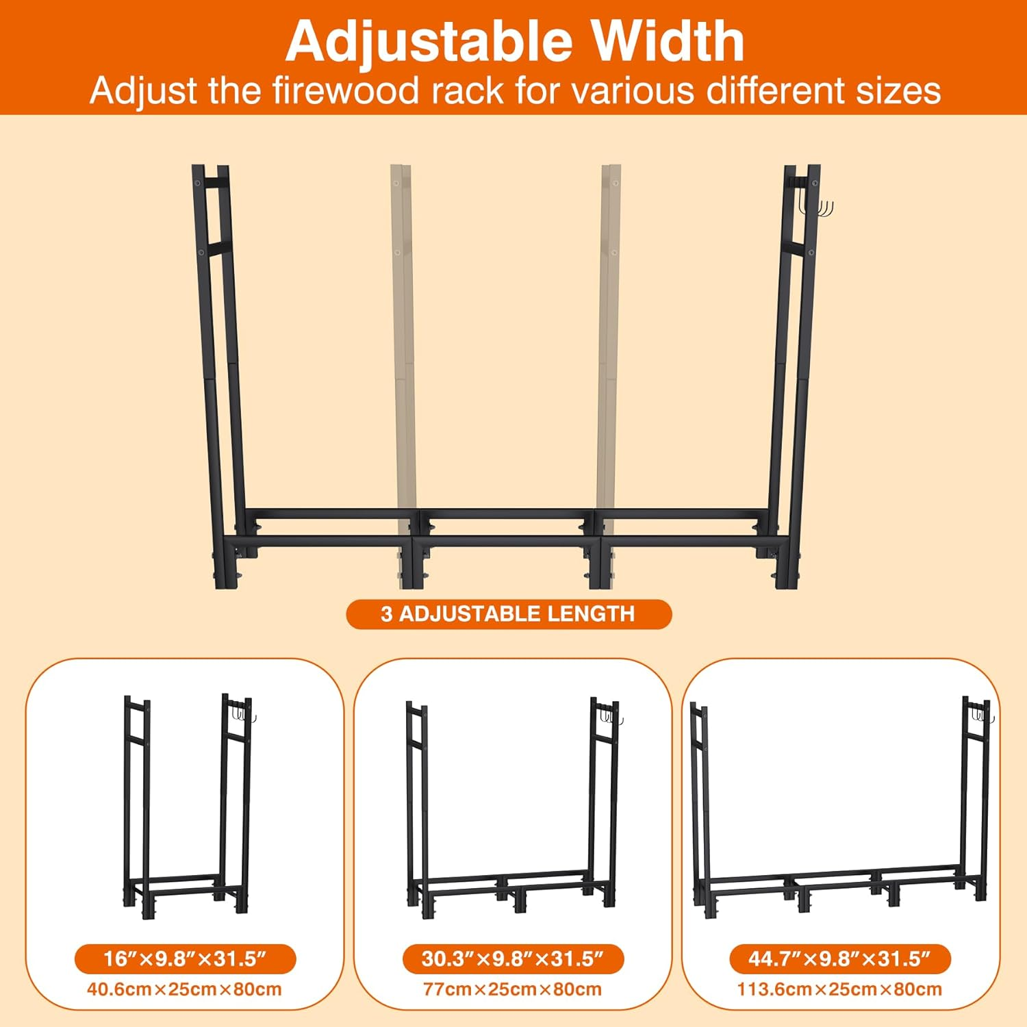 Firewood Rack, Heavy Duty Big Fireplace Rack, 44.7"L X 31.5"H Folding Firewood Storage Log Rack with 4 Hooks, Adjustable Fireplace Log Rack for Wood Storage,Keeps Firewood Neat,Drying-Not Include Wood image number 6