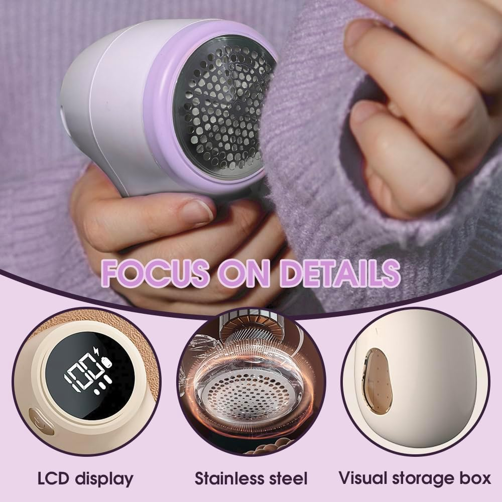 Sonicefit Fabric Shaver Lint Remover, Rechargeable Sweater Defuzzer with 6-Leaf Blades, 3-Speed Lint Shaver with LED Display, Bobble Remover Debobbler for Clothes Sofa Blanket, Safety Lock (Purple) image number 2