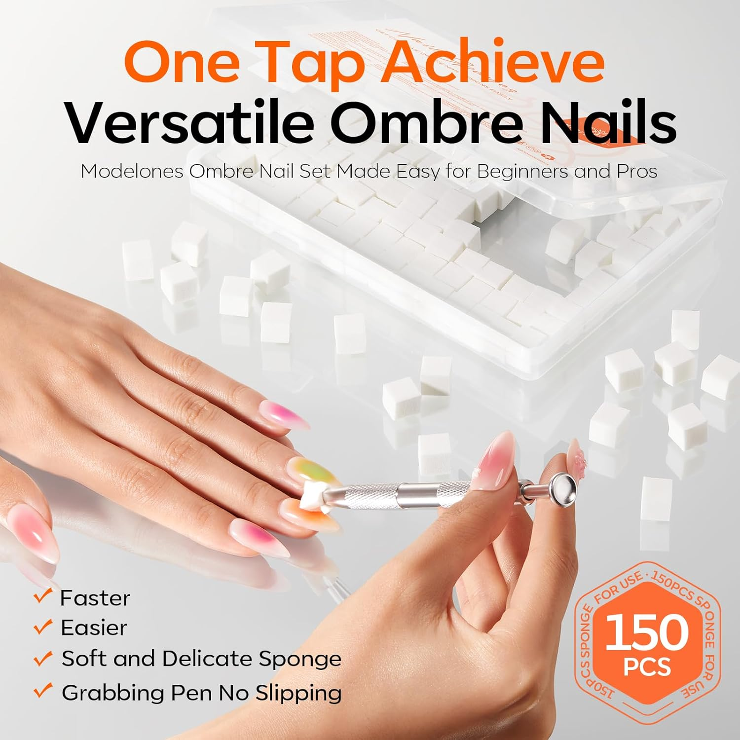 Modelones 150Pcs Nail Sponges for Ombre, Nail Art Sponge with Grabbing Pen Reusable Soft Sponges for Gradient Ombre Blush Chrome Design Effects Professional Nail Stuff Supplies DIY image number 5