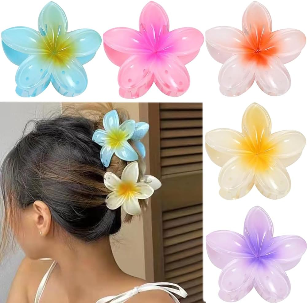 Flower Hair Clip, Hibiscus Hair Clip, Large Hawaiian Flowers Hair Clip, Blue, White, Pink, Yellow Flowers Hair Clip, Hawaiian Flowers Hair Clip for Women (Pack of 5)