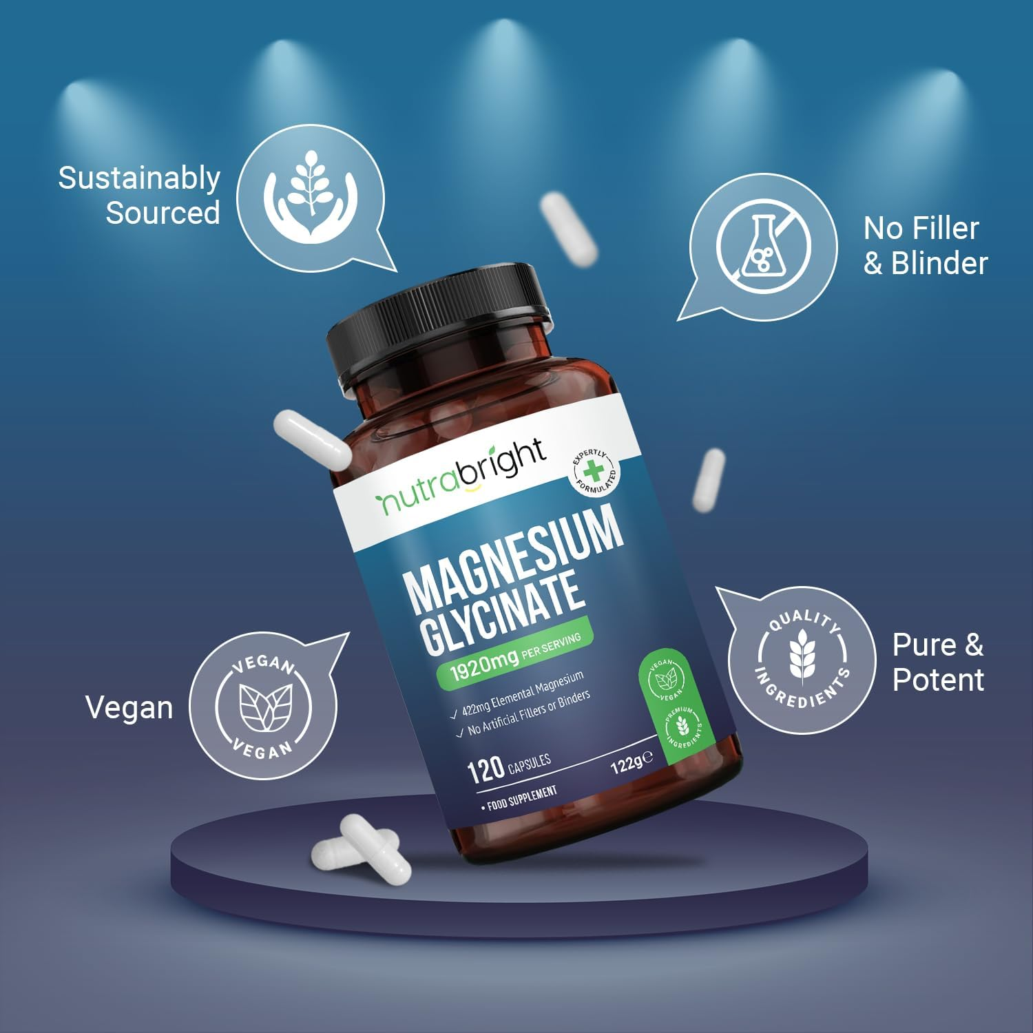 Magnesium Glycinate Supplements 1920Mg - 120 Vegan Capsules | Providing 422Mg Elemental Magnesium (Bisglycinate) | Pure with No Added Artificial Fillers or Binders | Premium Quality by Nutrabright image number 4