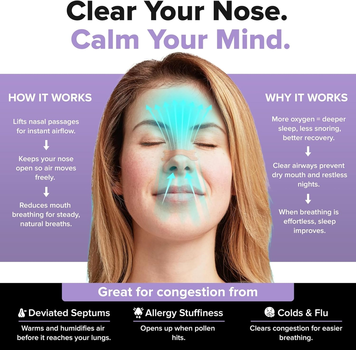 Night Strips &ndash; Lavender (30 Pack) Scented Night Nasal Strips: Gentle Relief for Snoring, Congestion & Mouth Breathing &ndash; Comfort for Sleep, Allergies & Deviated Septum image number 6