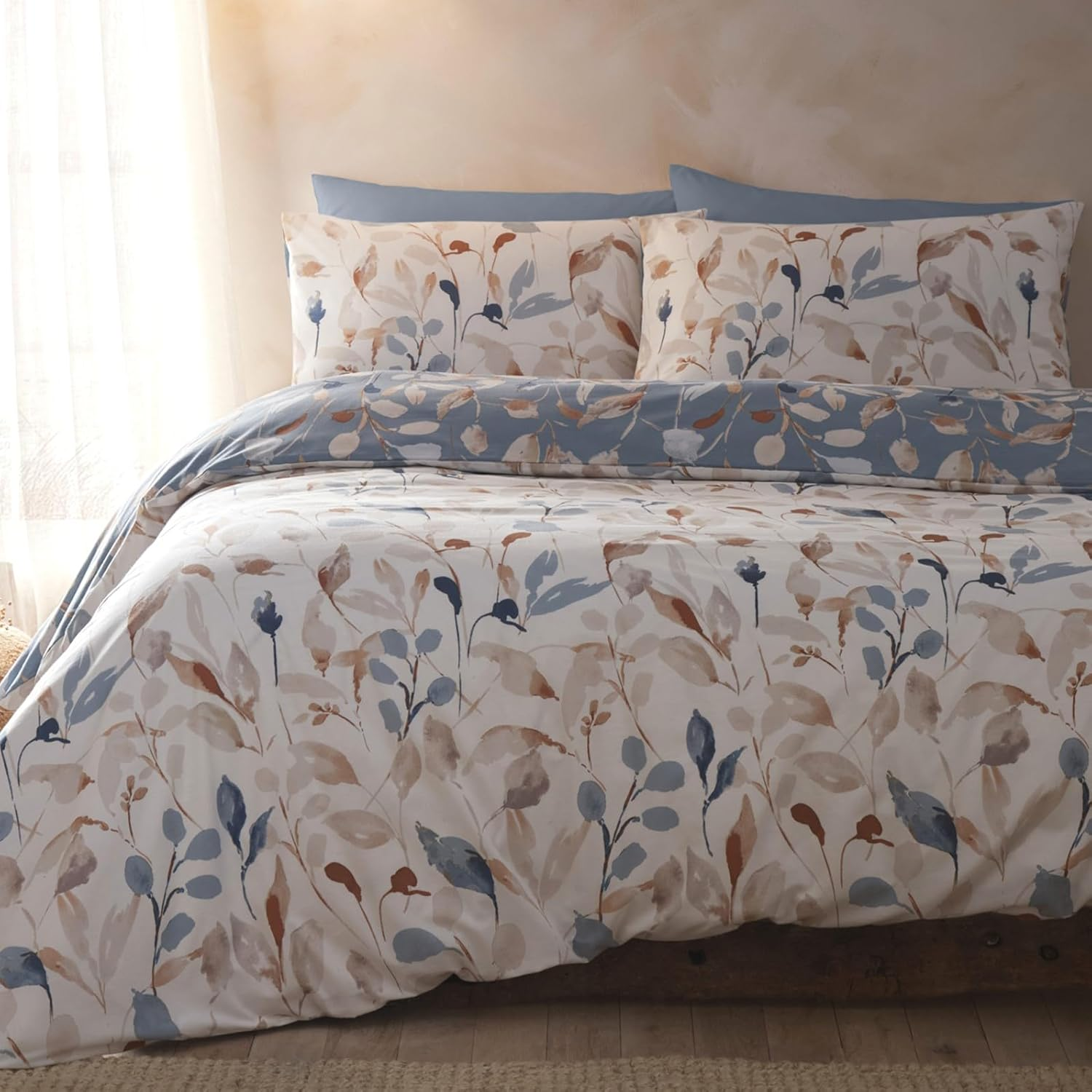 Drift Home - Eco-Friendly Floral Leaf Duvet Cover - King Bedding Size (230 X 220Cm) - Reversible Designs - Sustainable Recycled Cotton (BCI) - 2 Pillowcases - Blue/Natural Bedding with Leaf image number 2
