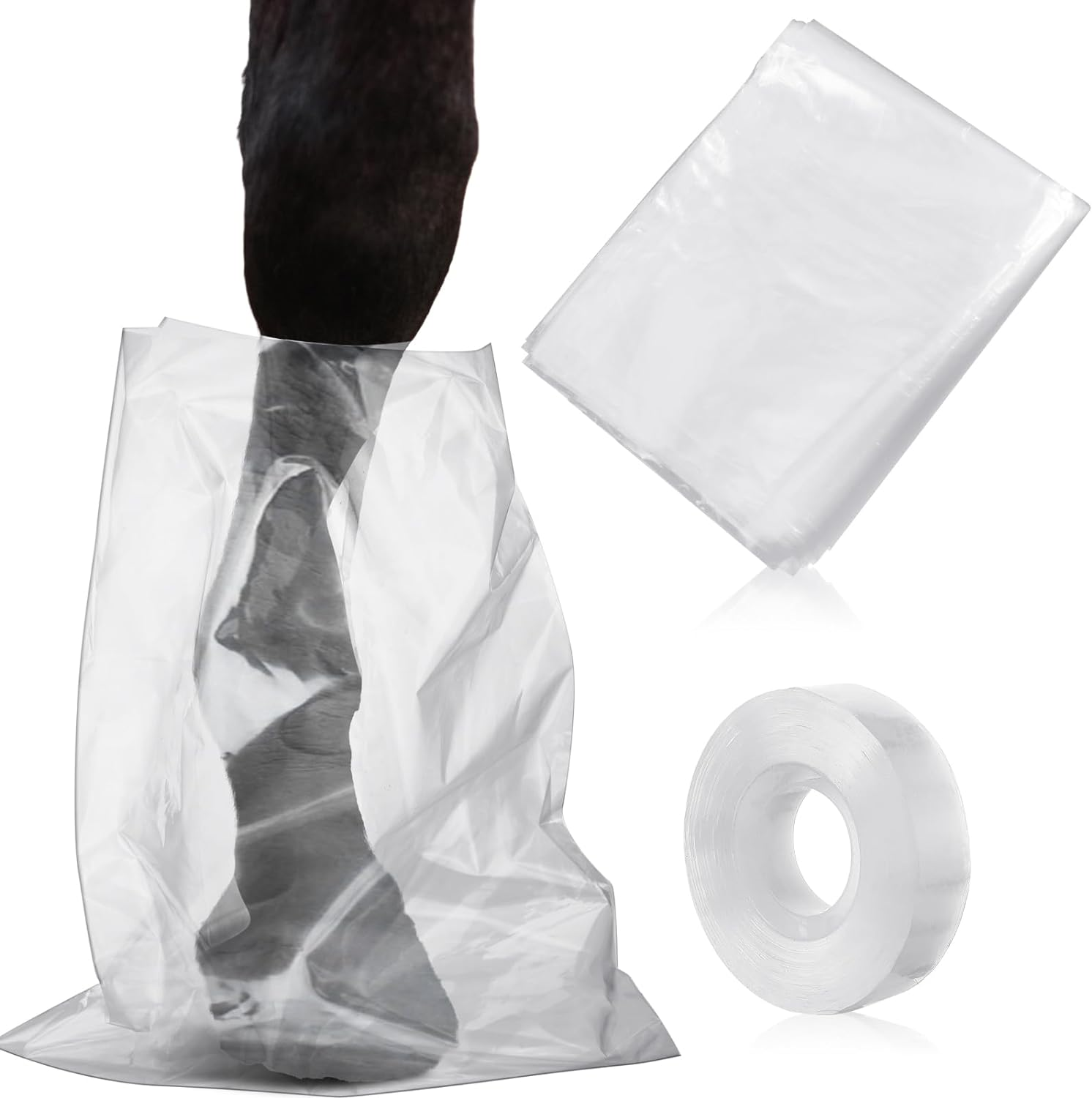 20 Pcs Disposable Soak Boot Hoof Soaking Bag Hoof Boots for Horses with 1 Roll of Adhesive Tape for Thrush Bacterial Infection Treating Hooves Care Liquid Treatment Equine Donkey Draft image number 1