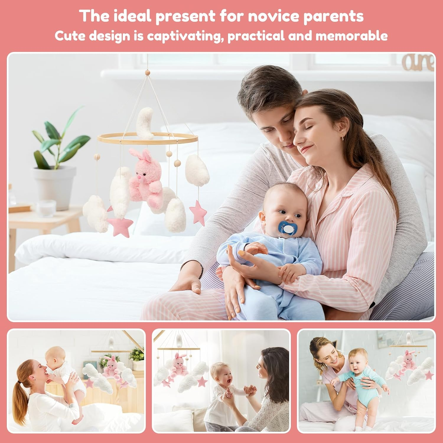 Baby Crib Mobile for Boys Girls Bassinet Soft Plush and Wood Nursery Mobile Cute Baby Bed Bell Charming Nursery Decor for Infant Newborn(Pink Rabbit) image number 3