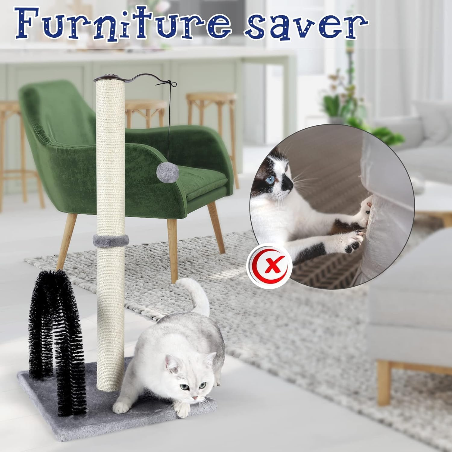 Tall Cat Scratching Post with Arch Self Groomer Massager, Scratching Post for Indoor Cats from Kitten to Adults, Stable Sisal Cat Post with Extra Interactive Dangling Plush Toy image number 2