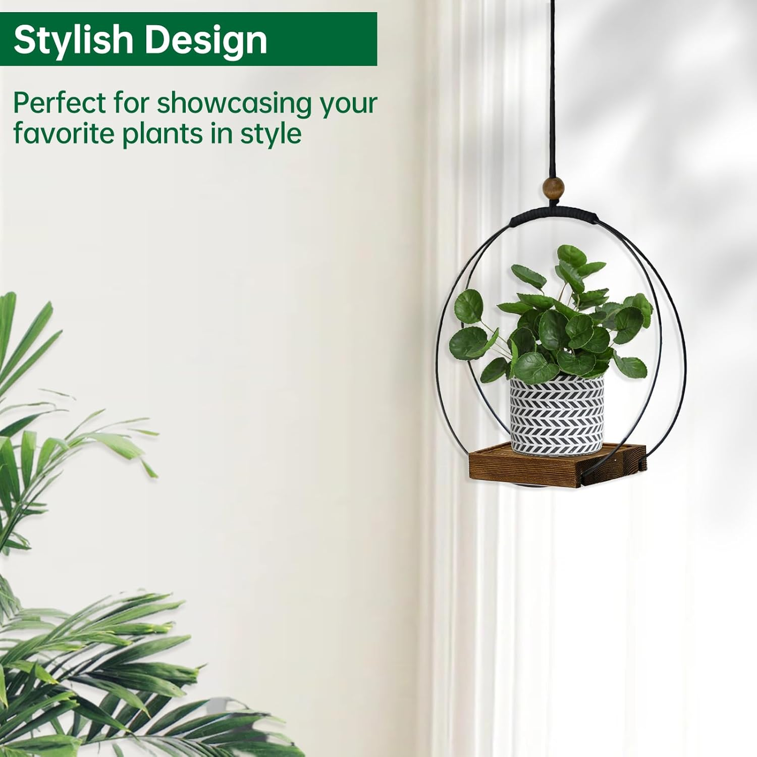 Hanging Planter for Indoor Plants, Black Plant Hanger Indoor with Sturdy Wood Base, Modern Boho Macrame Plant Hanger, Hanging Wall Ceiling Window Home Decor (Plants/Pots Not Included)