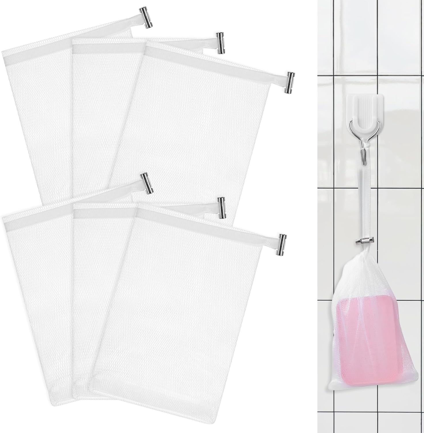 6 PCS Exfoliating Mesh Soap Pouch Soft Soap Bag with Drawstring for Shower Double Layer Thicken Foam Net Bubble Foam Net Soap Sack Saver Pouch, White image number 2