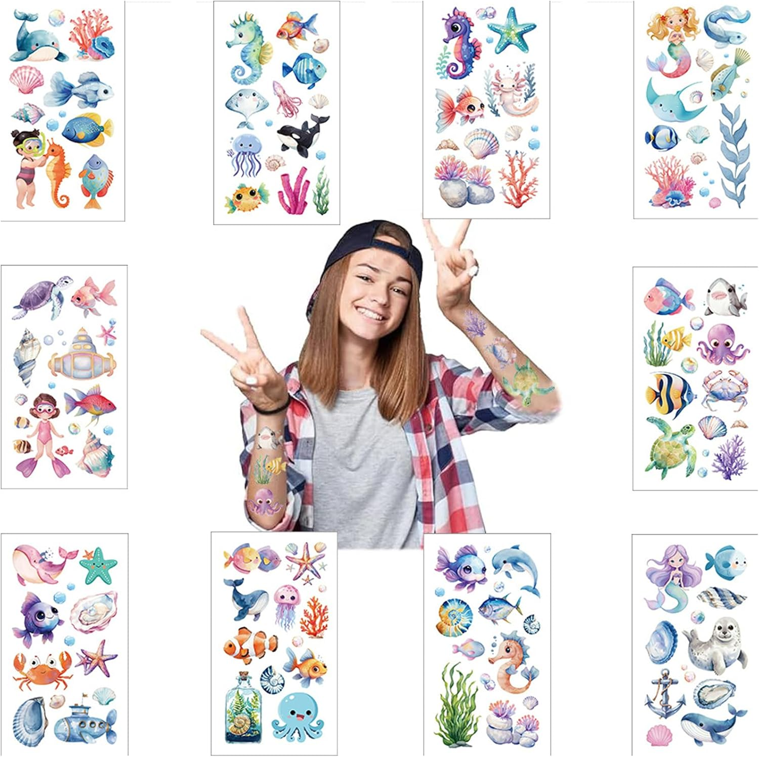 10 Sheets Ocean Animal Tattoos, Shark, Whale, Fish, Pre Kill Temporary Tattoos for Kids, Cute Themed Birthday Party Gifts, Decorations, Fake Tattoo Stickers image number 4