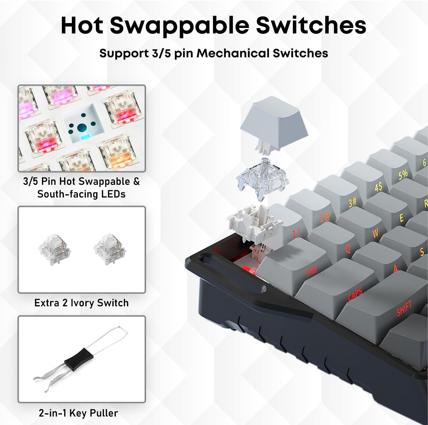 60% Wireless Mechanical Keyboard, MACHNIVO K15 68 Keys PC Gaming Keyboard, 2.4Ghz/Bluetooth/Usb-C, RGB Hot Swappable Side Printed Keyboard Compatible with Windows/Mac (Linear Ivory Switch, Black) image number 4