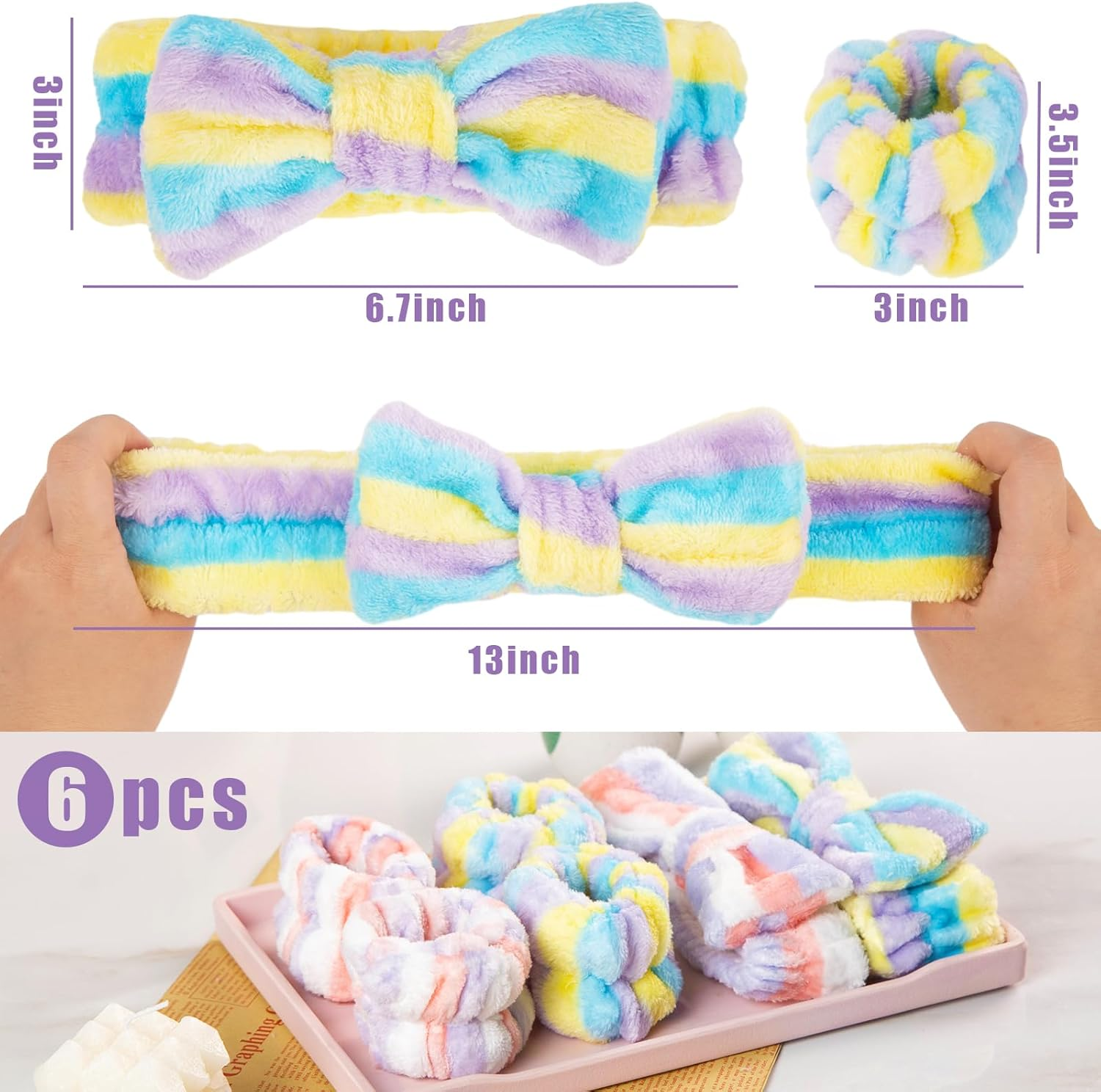 Shindel 6PCS Face Wash Headband Set, Makeup Wash Headbands with Wristbands Coral Fleece Bow Hair Bands for Women Spa Skin Care Yoga image number 1