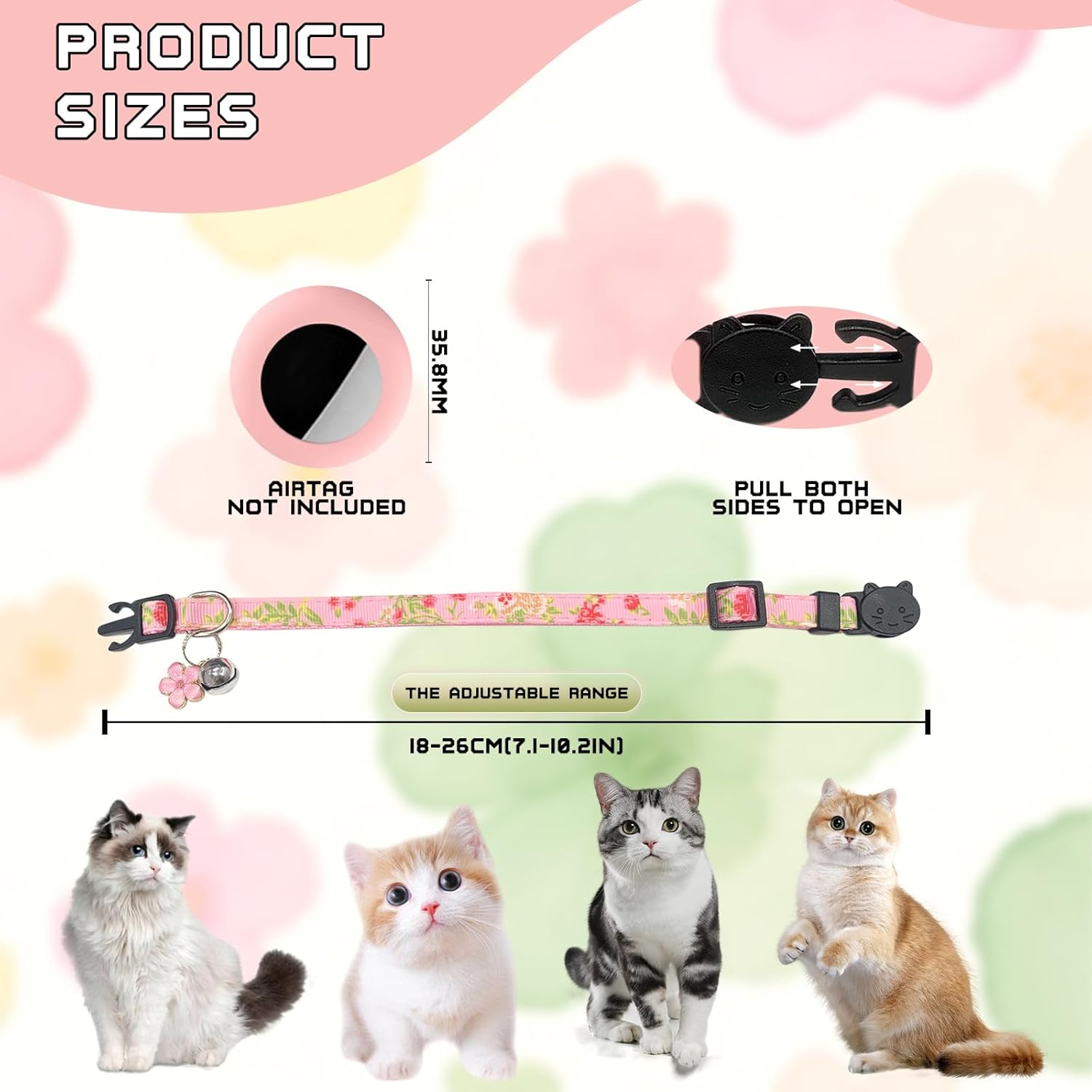 Floral Cat Collar with Bell, 1 Pack Adjustable Kitten Collar - Comfortable Safe Cat Collars for Cats and Kittens, Essential Cat Accessories for Daily Wear (Pink) image number 2
