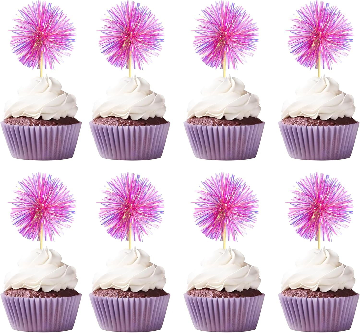 30PCS Foil Firework Cupcake Toppers, Takemay Happy Birthday Rose Cake Toppers, Sparkle Tinsel Flower Drink Stirrers Cocktail Food Fruit Toothpicks for Xmas Party Birthday Wedding Ceremony - Blue+Purple image number 4