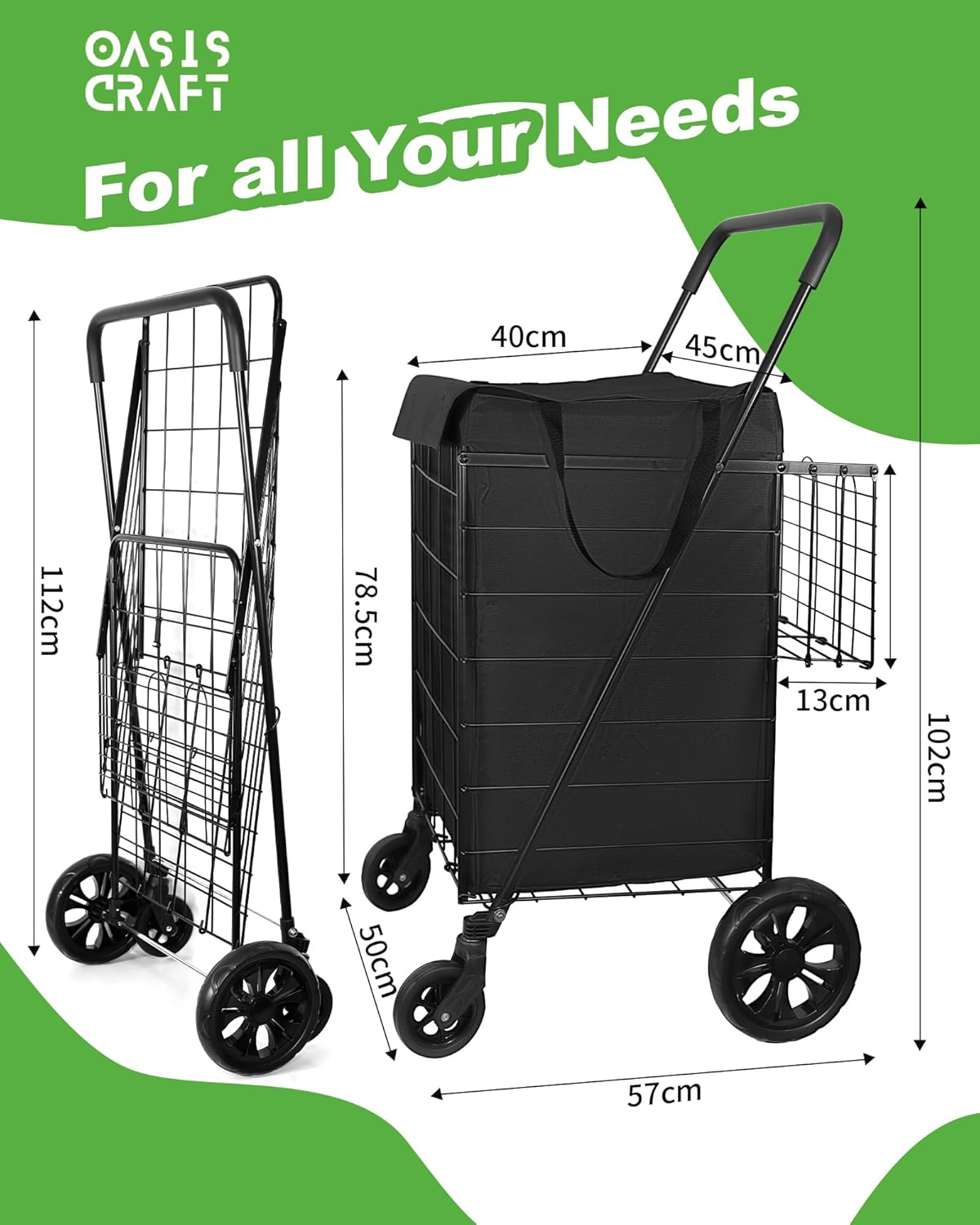 OASISCRAFT Foldable Shopping Cart with Waterproof Liner & 360&deg; Swivel Wheels | Collapsible & Lightweight Utility Cart for Groceries, Laundry, and More - Black image number 1