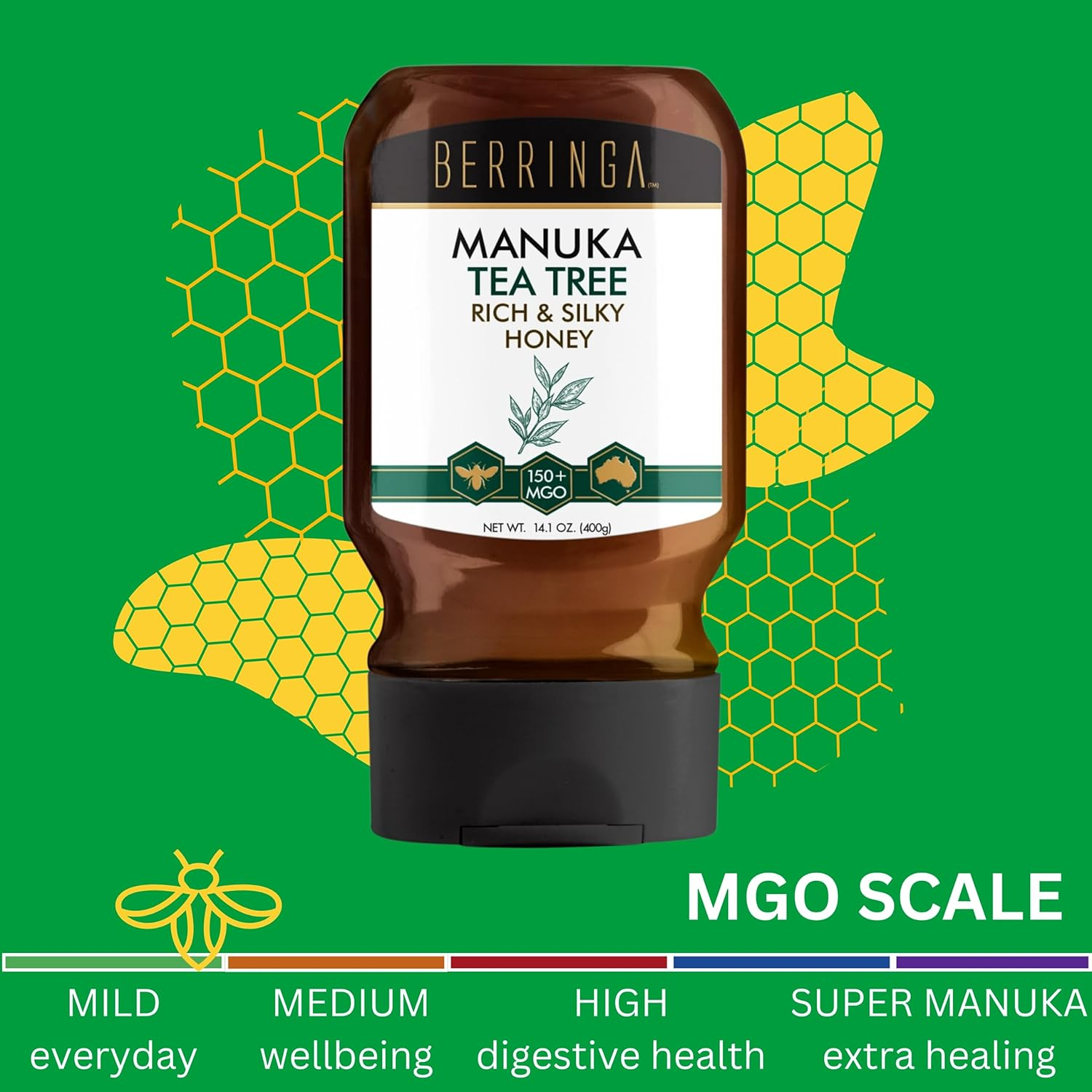 Berringa Tea Tree Manuka Honey Squeeze Bottle - Rich Silky Aromatic Certified Tested MGO 150+ 400G | Raw Unfiltered | Traceable Genuine Local 100% Pure Australian | Non-Gmo Superfood | No Drip Squeezy image number 5
