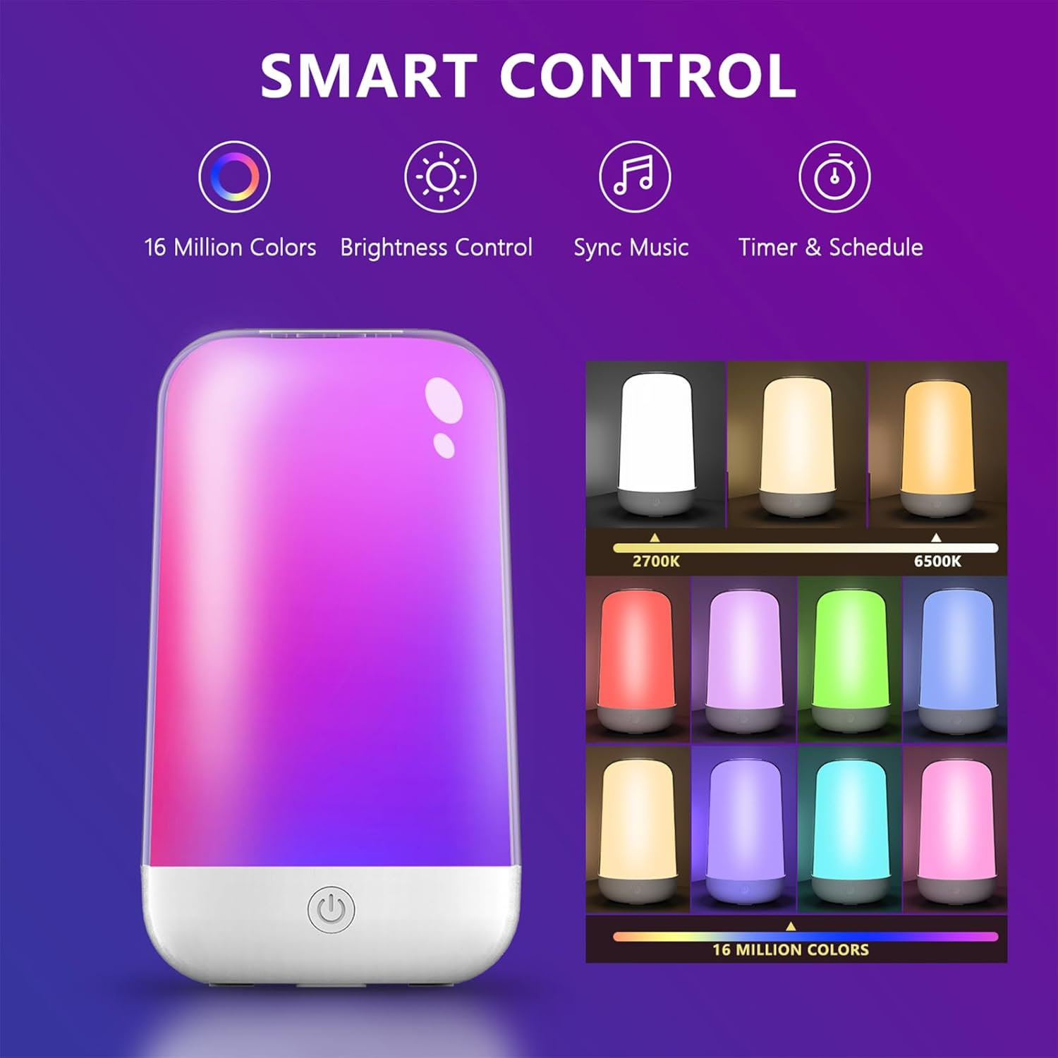 Smart Touch Table Lamp, Dimmable Small RGB Bedside Bed Lamp for Bedroom, Cordless LED Night Desk Lamp Rechargeable Color Changing Nightstand Mood Cozy Lamp for Living Room Baby Nursery image number 3