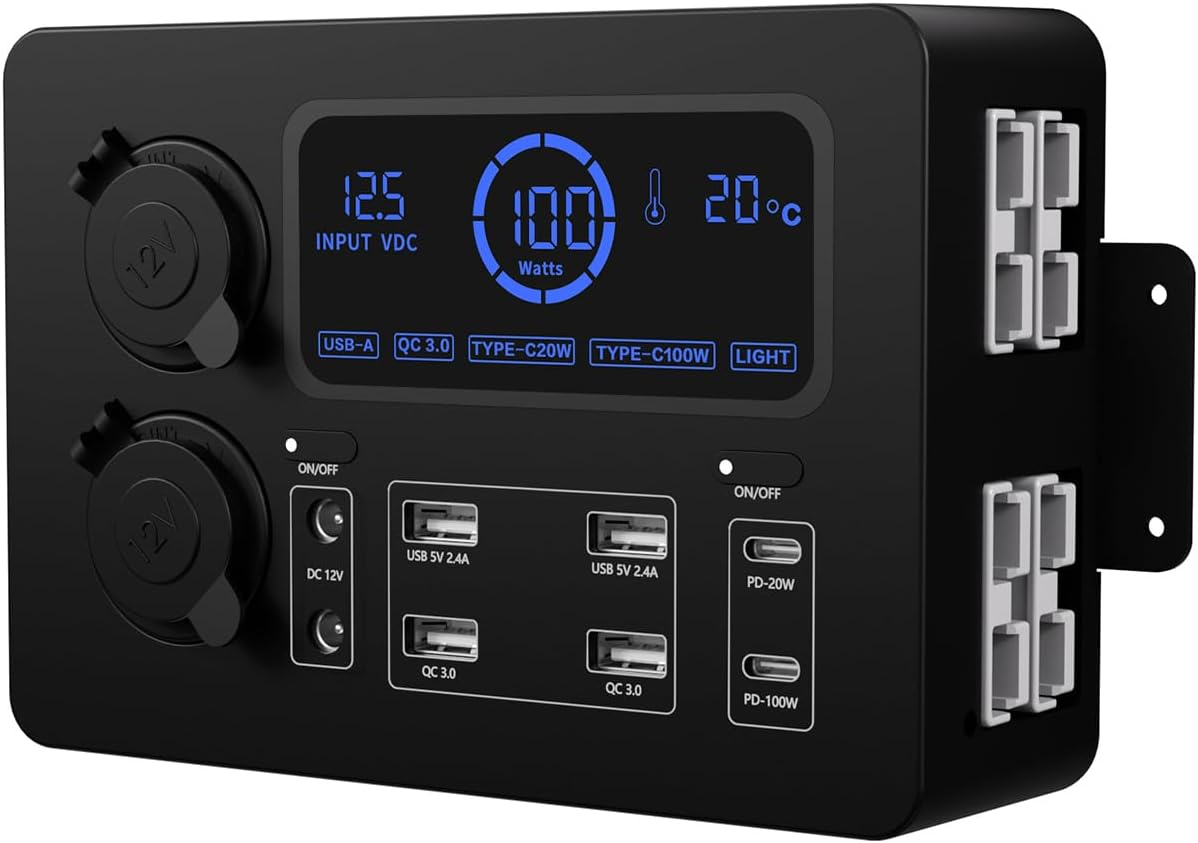 LAPOOH Mini Power Box, 12V 100W LCD Display Power Box with LED Lights, USB-C & QC3.0 Ports, Portable Control Hub for Rvs, Suvs, Boats, Yachts, Cars image number 1