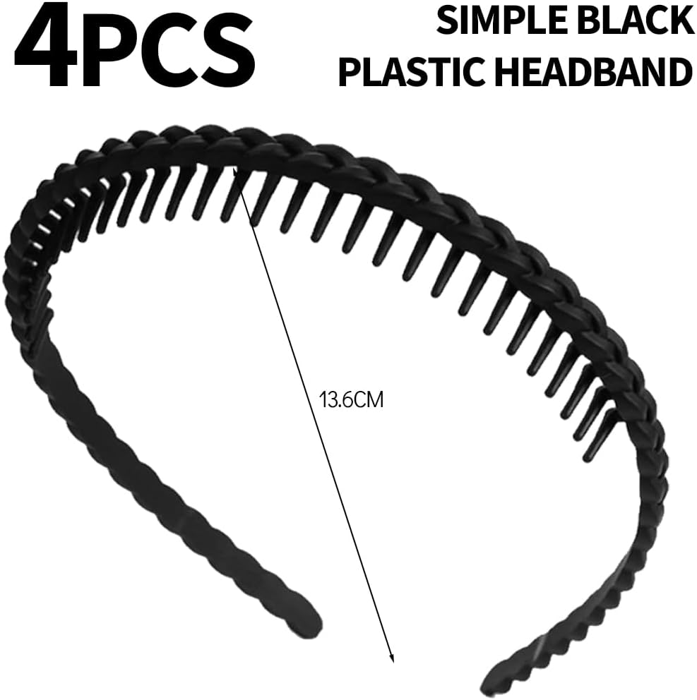 ZORVYN Pack of 4 Women'S Headbands, Non Slip with Teeth, Plastic Headbands with Teeth Comb, Thin Black Hair Bands for Women, Hair, Waves, Women'S Headbands
