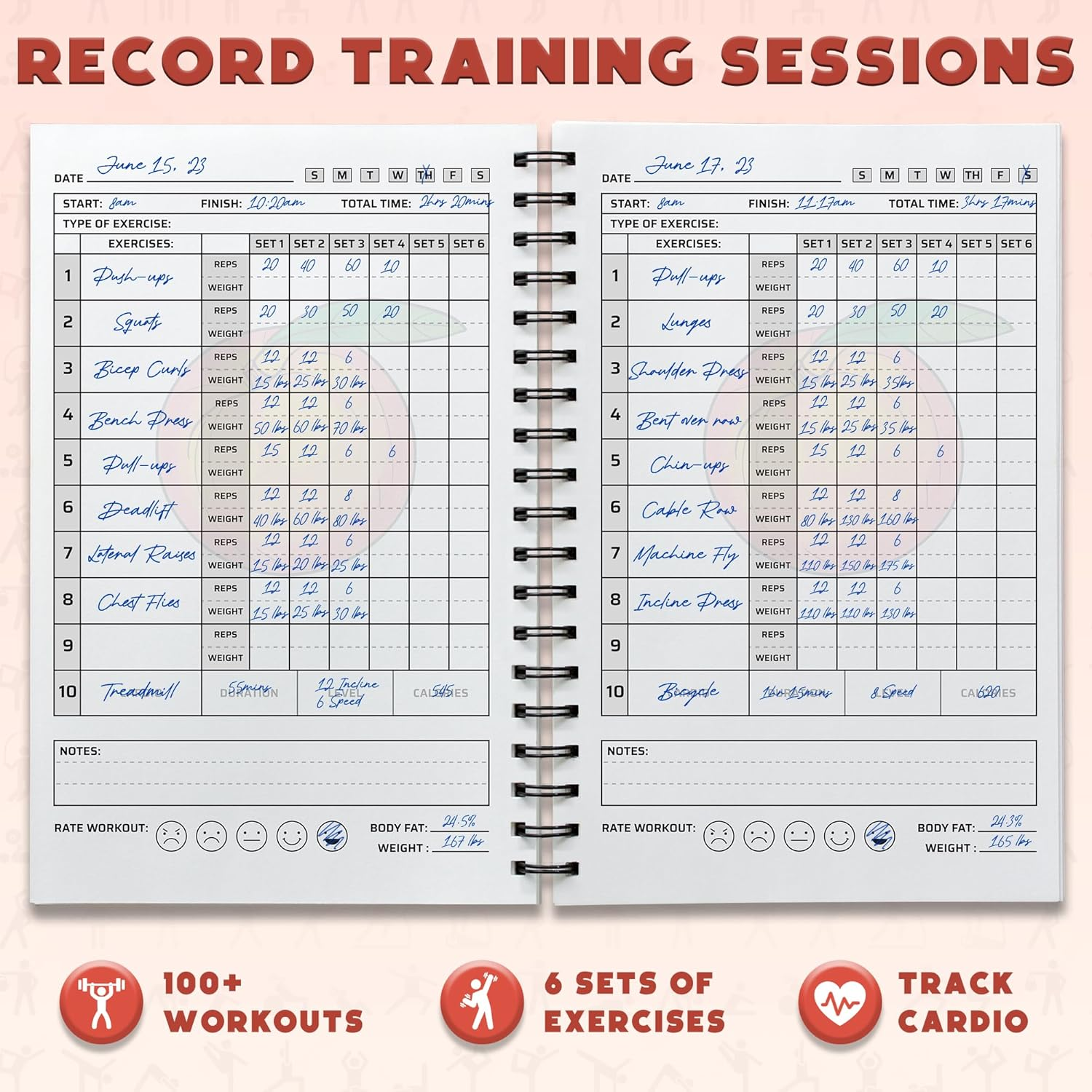 Workout Log Gym - XL 5" X 8"/A5 Sized Training and Gym Diary - Set Your Fitness Goals, Track 100 Workouts and Record Your Progress in Clear Detail (Peach) - Avo Green image number 7