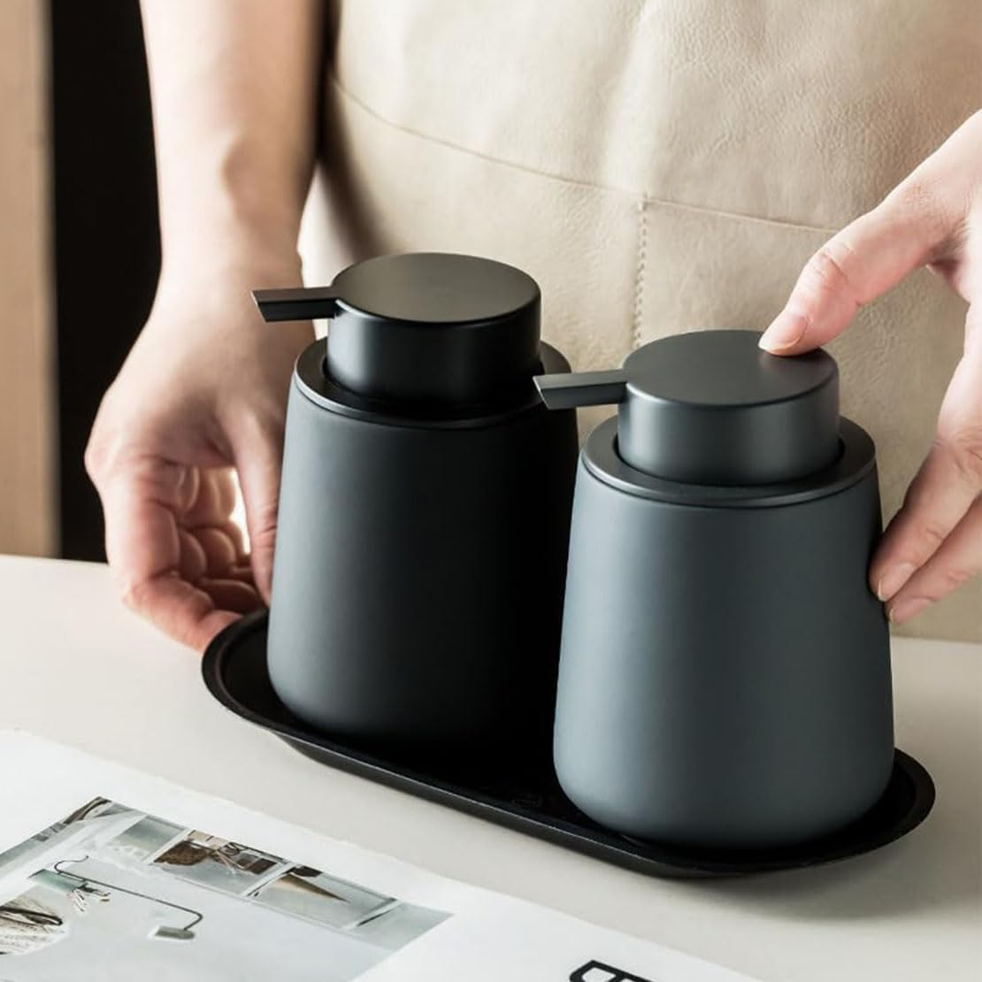 400Ml/13Oz Foam Hand Soap Dispenser, Grey Ceramic Hand Soap Dispenser for Bathroom Kitchen, Lotion Hand Pump Dispenser, Refillable Pump Bottle Dispenser for Hand Soap Shampoo Shower Gel image number 1