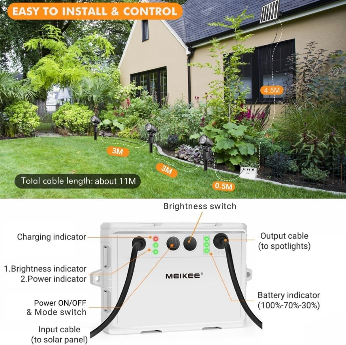 MEIKEE Solar Spot Lights Outdoor 3 in 1 Warm White 3000K LED Spotlights with Solar Panel, 3 Modes & 3 Brightness, IP66 Waterproof, 8-20H Autonomie Landscape Lighting for Garden Yard Lawn Tree Path image number 6