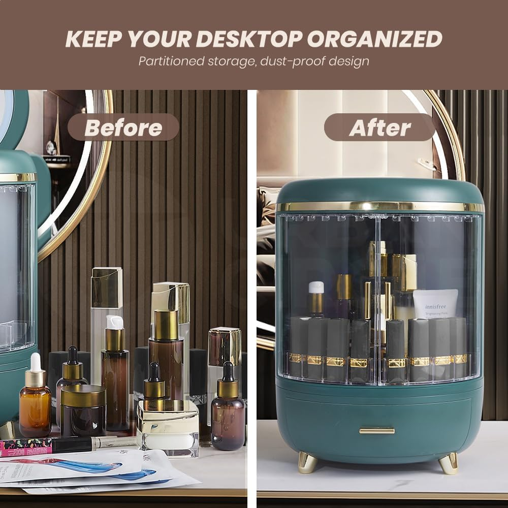 Furb Makeup Organisers - Waterproof Storage Box with LED Mirror, Dustproof Cosmetic Vanity Cases with 2 Drawers, Multi-Function Desk Cosmetics Display Storage Box (Green) image number 7