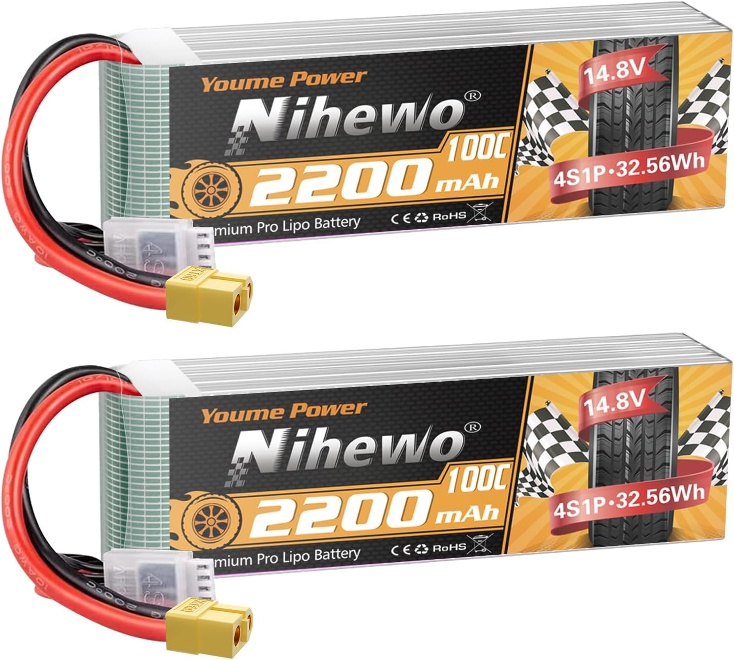 4S Lipo Battery 14.8V 2200Mah RC Battery Soft Case 100C with XT60 Plug for FPV Drone RC Quadcopter Helicopter Airplane Car Truck Boat Models (2 Pack) image number 1