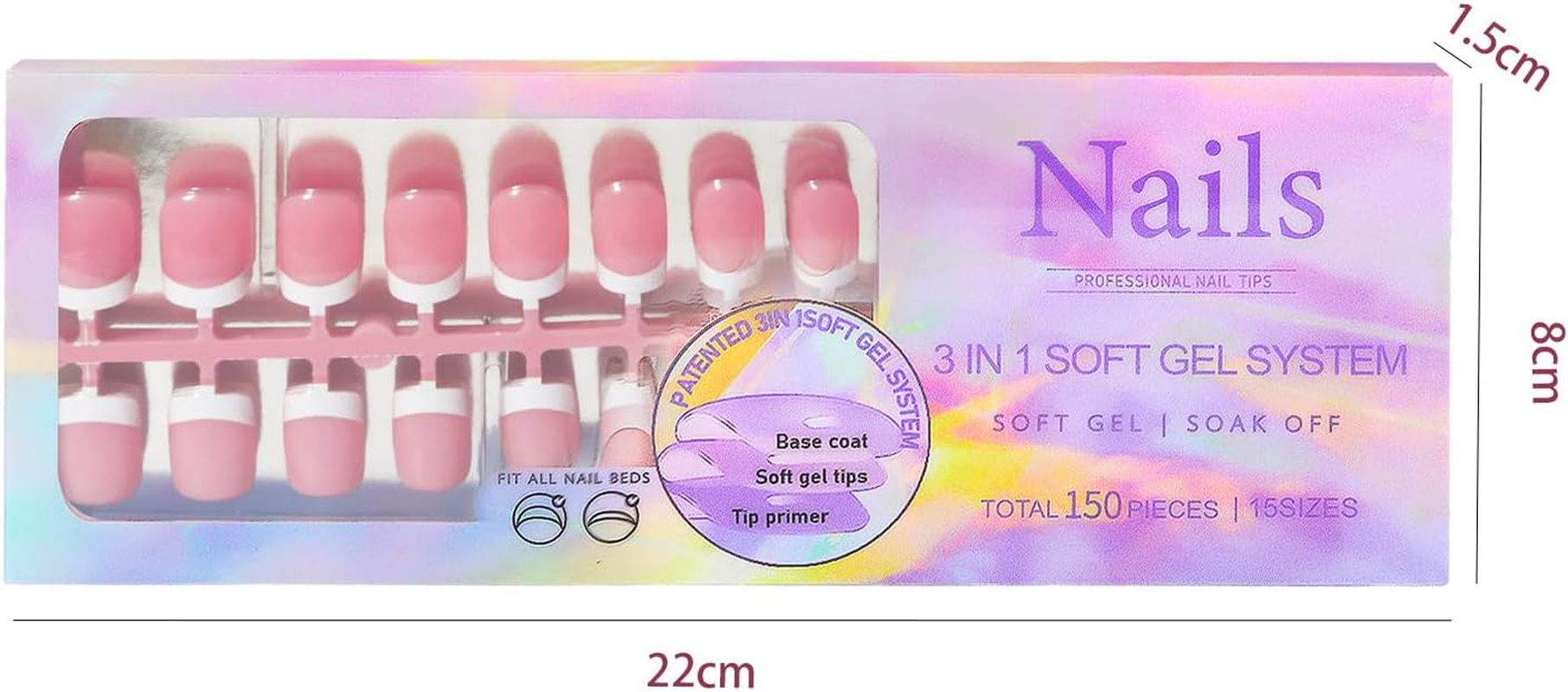 Nail Tips Set, 150 PCS Full Cover French Ballerina Fake Nails, Soft Gel Soak off Tips for Acrylic Nails Art, Salons and Home DIY, 019
